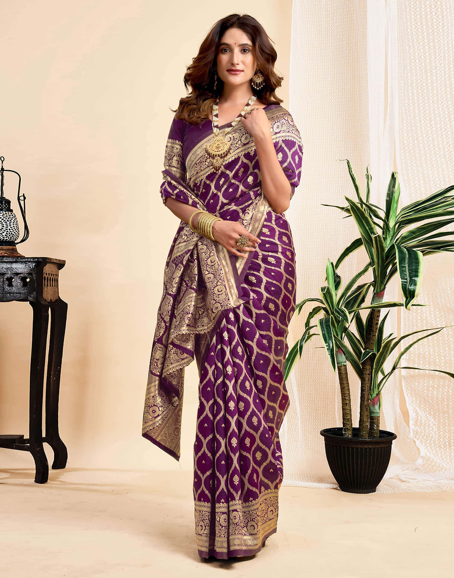 Wine Jaal Silk Woven Banarasi Saree