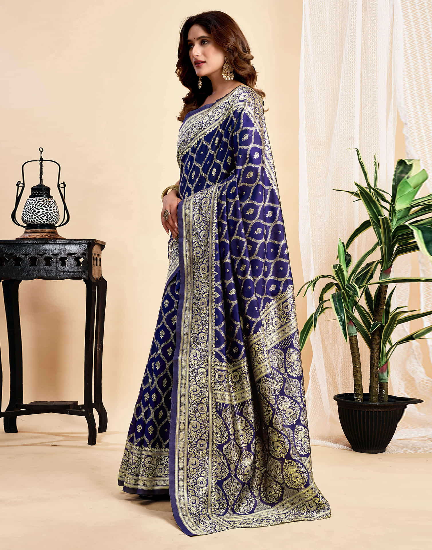 Navy Blue Jaal Silk Woven Banarasi Saree