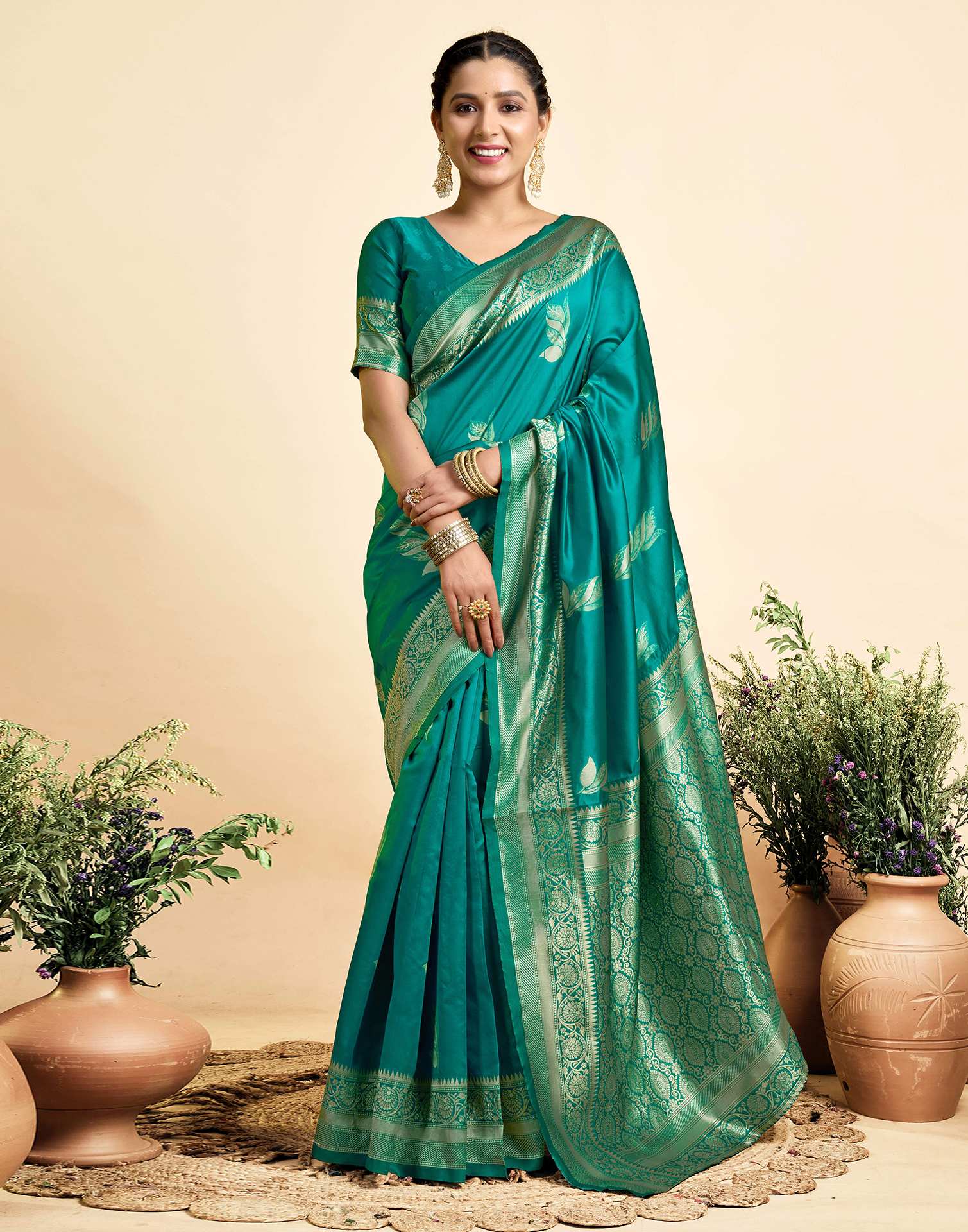Teal Green Paan Silk Woven Banarasi Saree