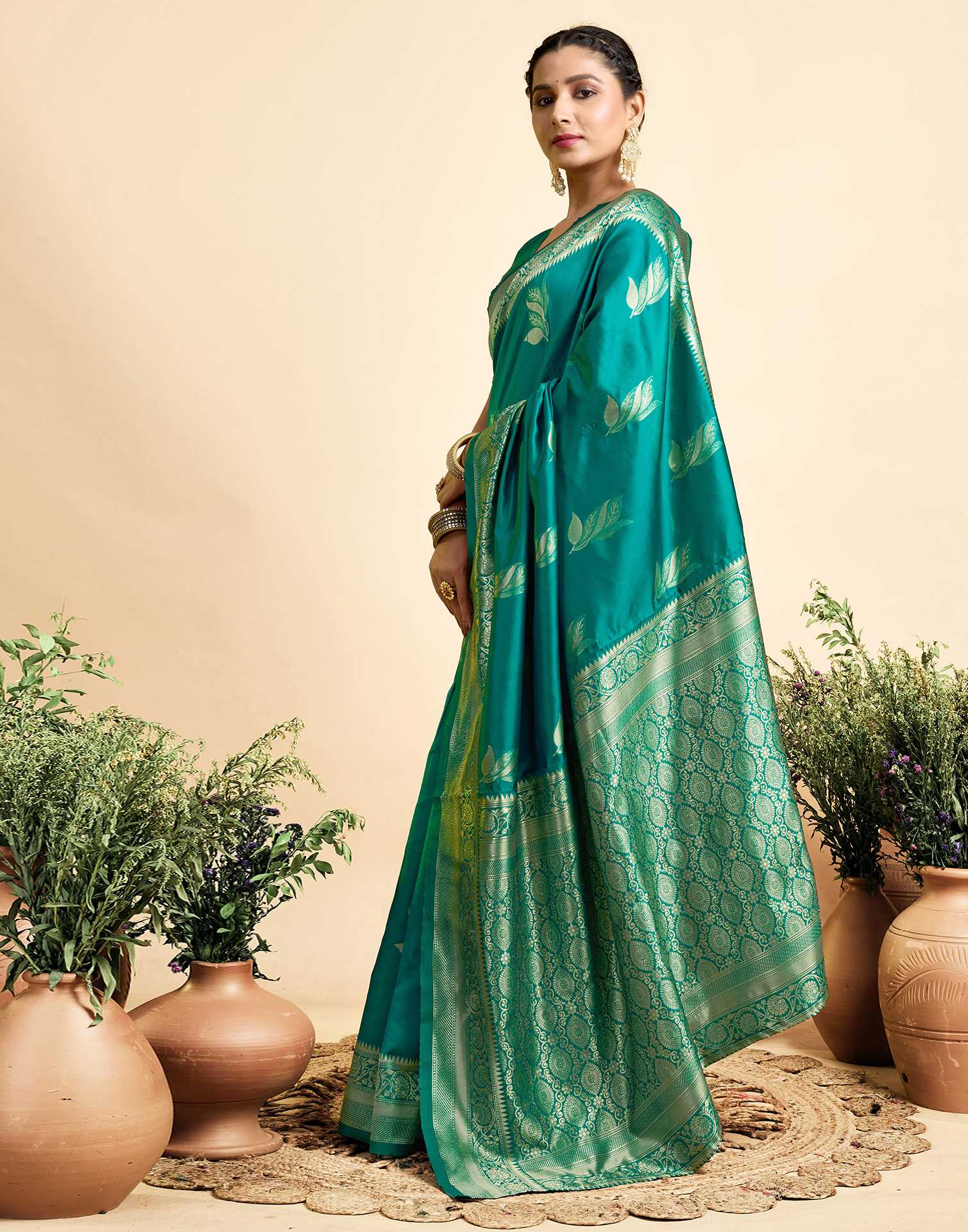 Teal Green Paan Silk Woven Banarasi Saree