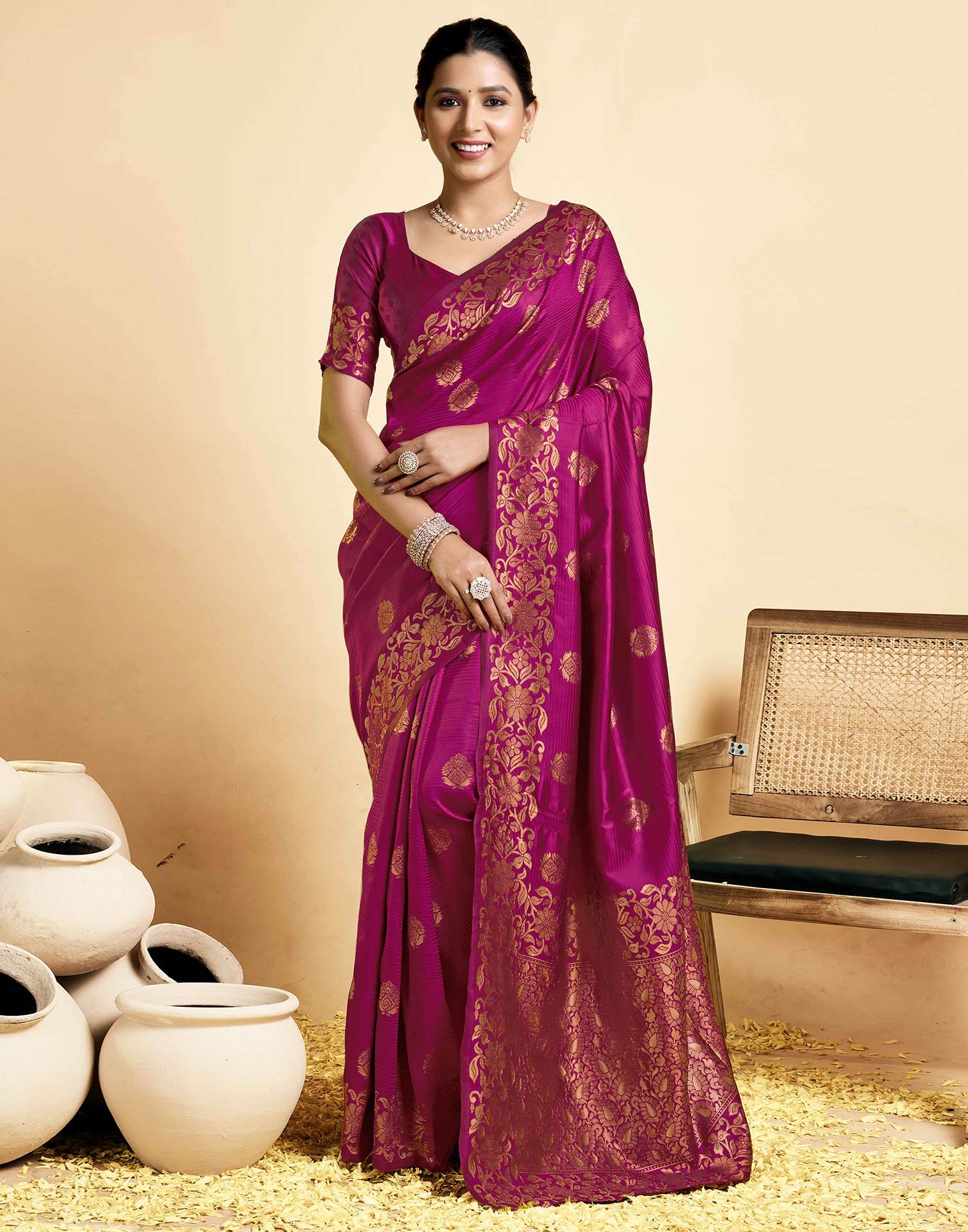 Magenta Floral Silk Woven Banarasi Saree