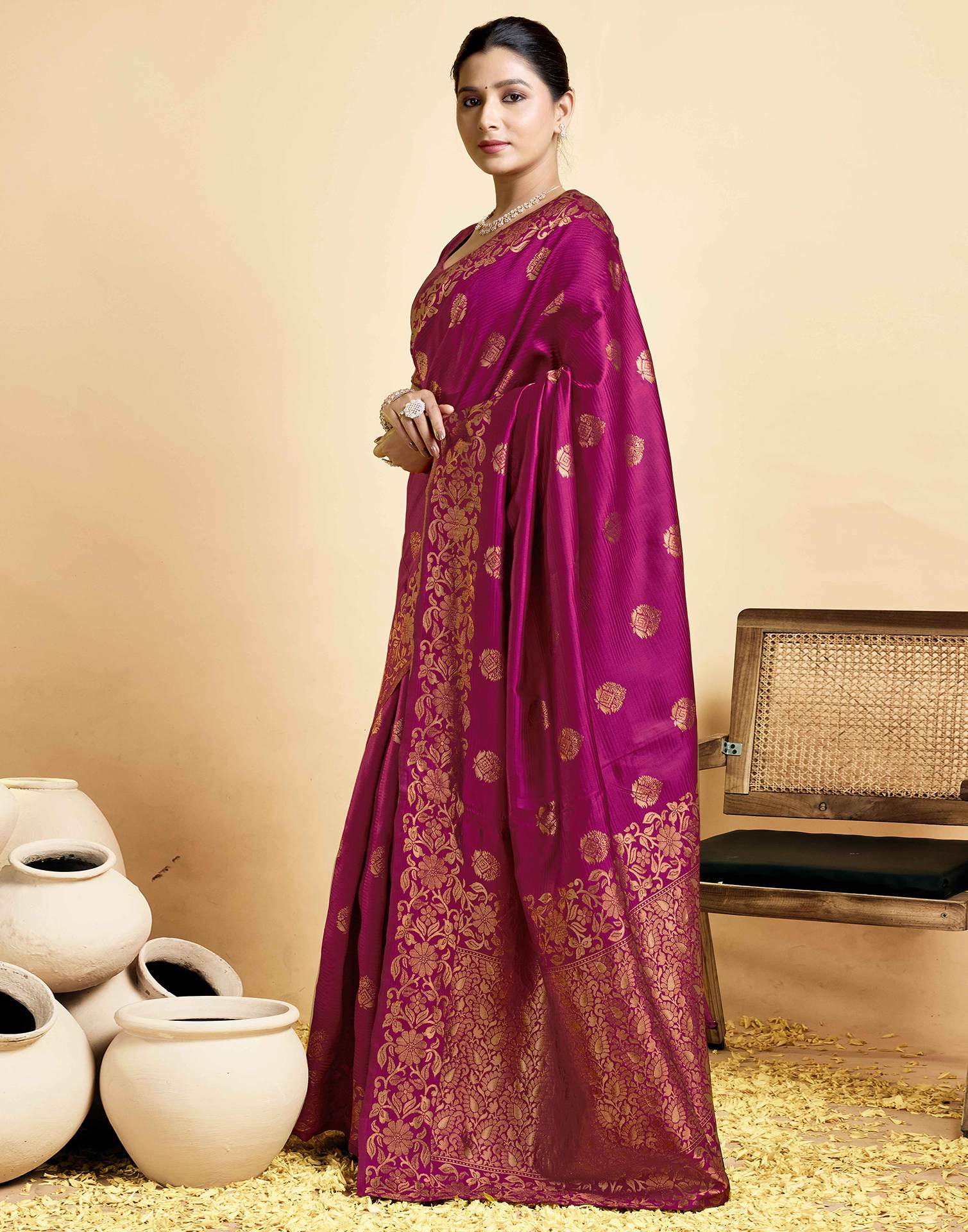 Magenta Floral Silk Woven Banarasi Saree