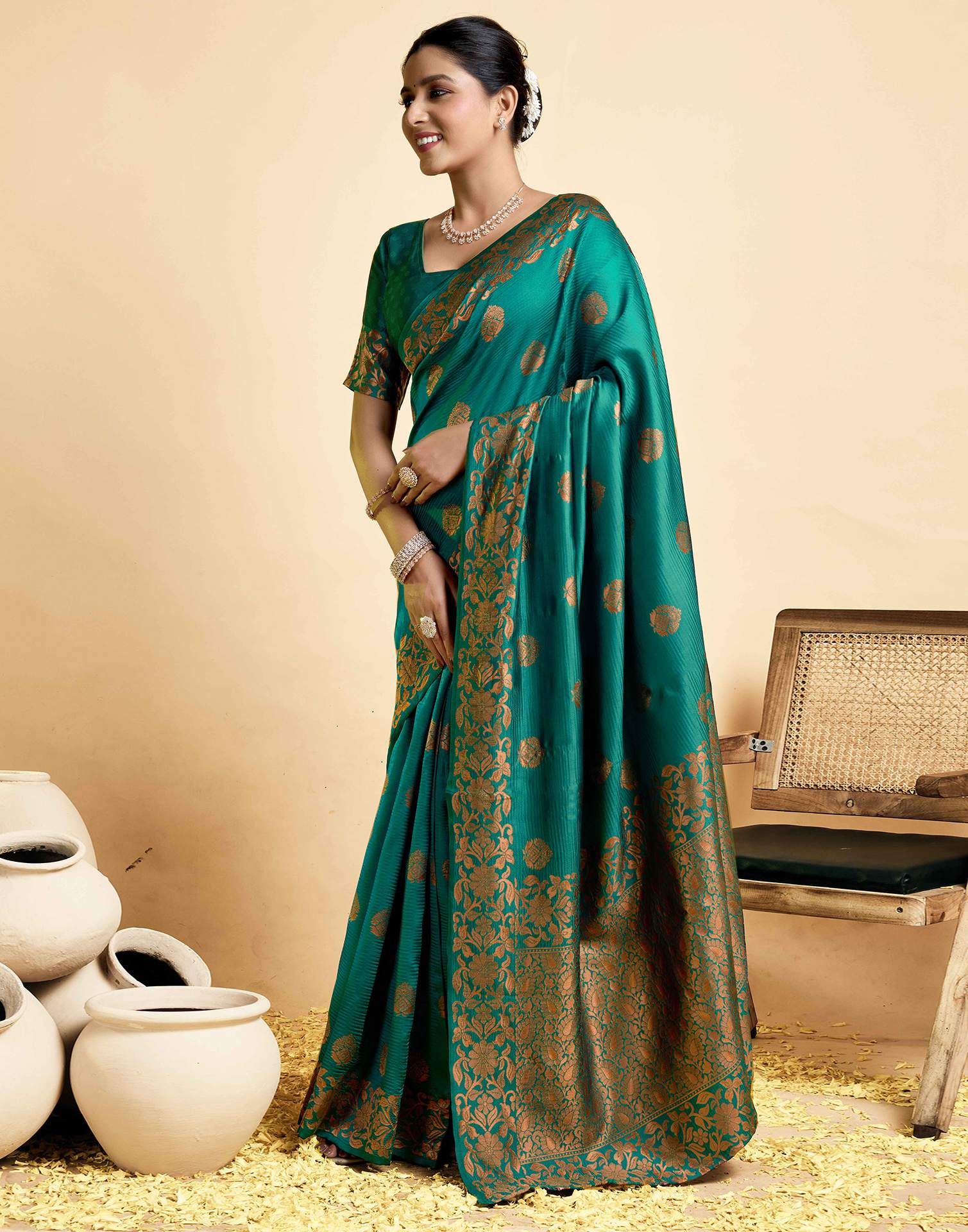 Teal Green Floral Silk Woven Banarasi Saree