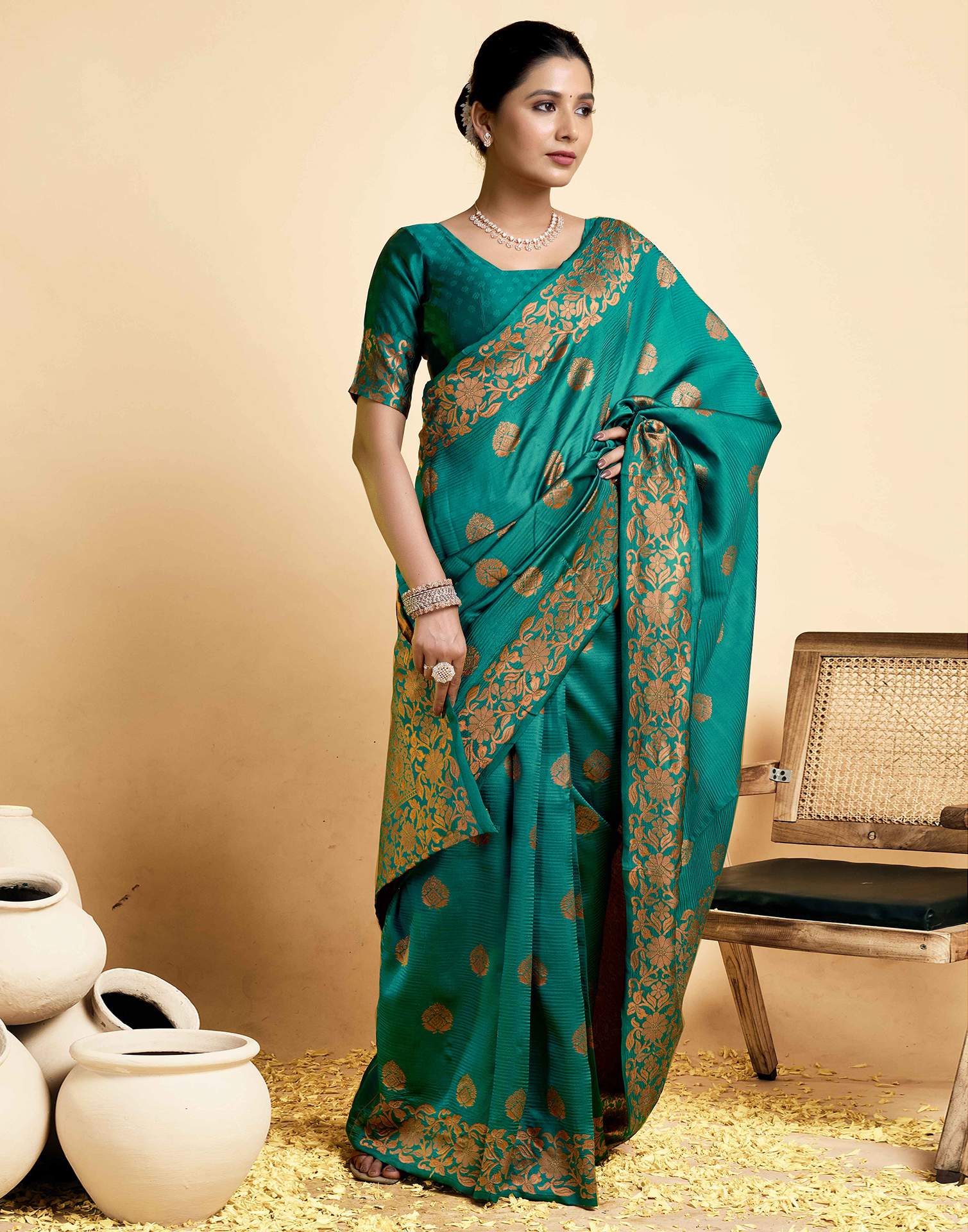 Teal Green Floral Silk Woven Banarasi Saree