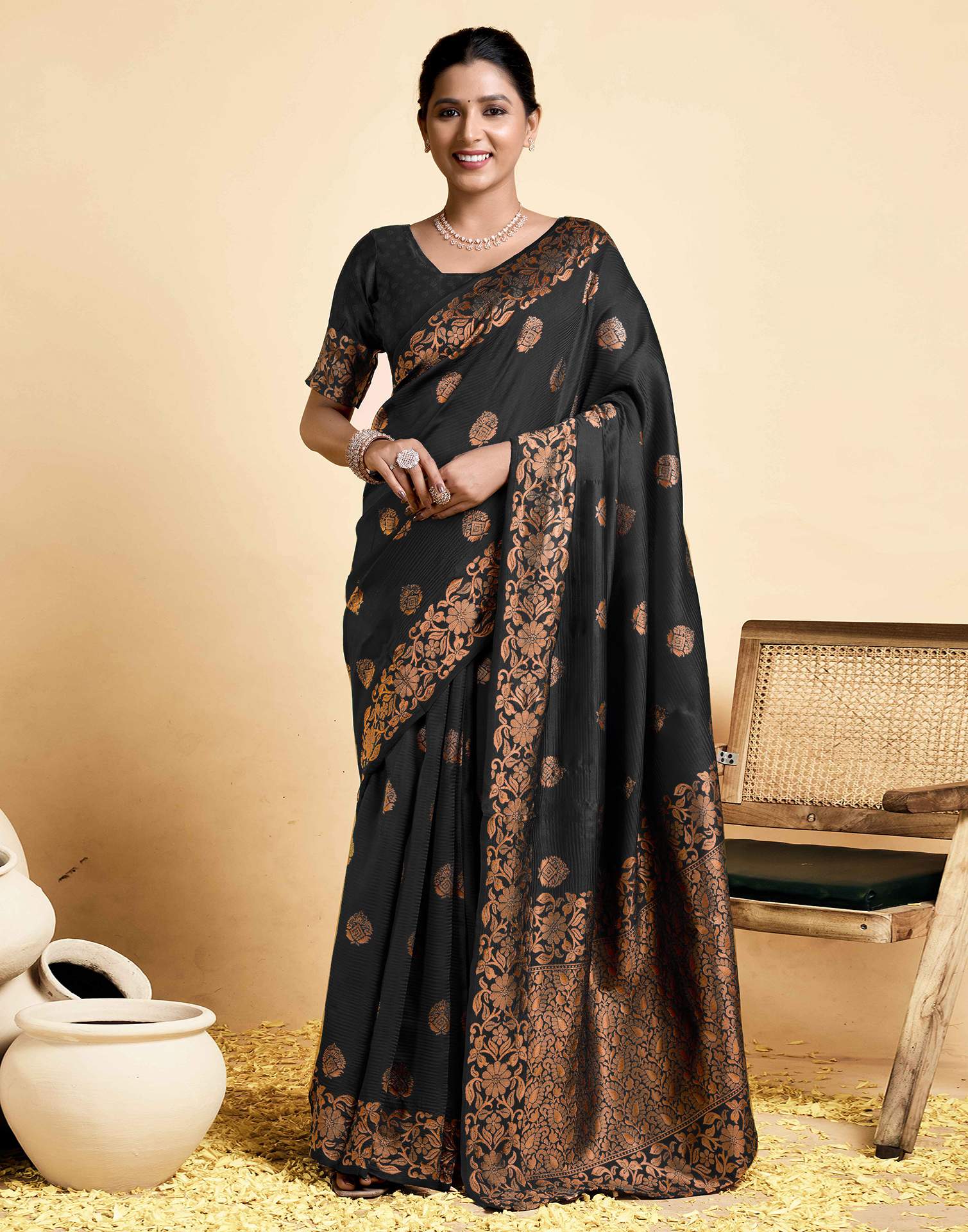 Black Floral Silk Woven Banarasi Saree