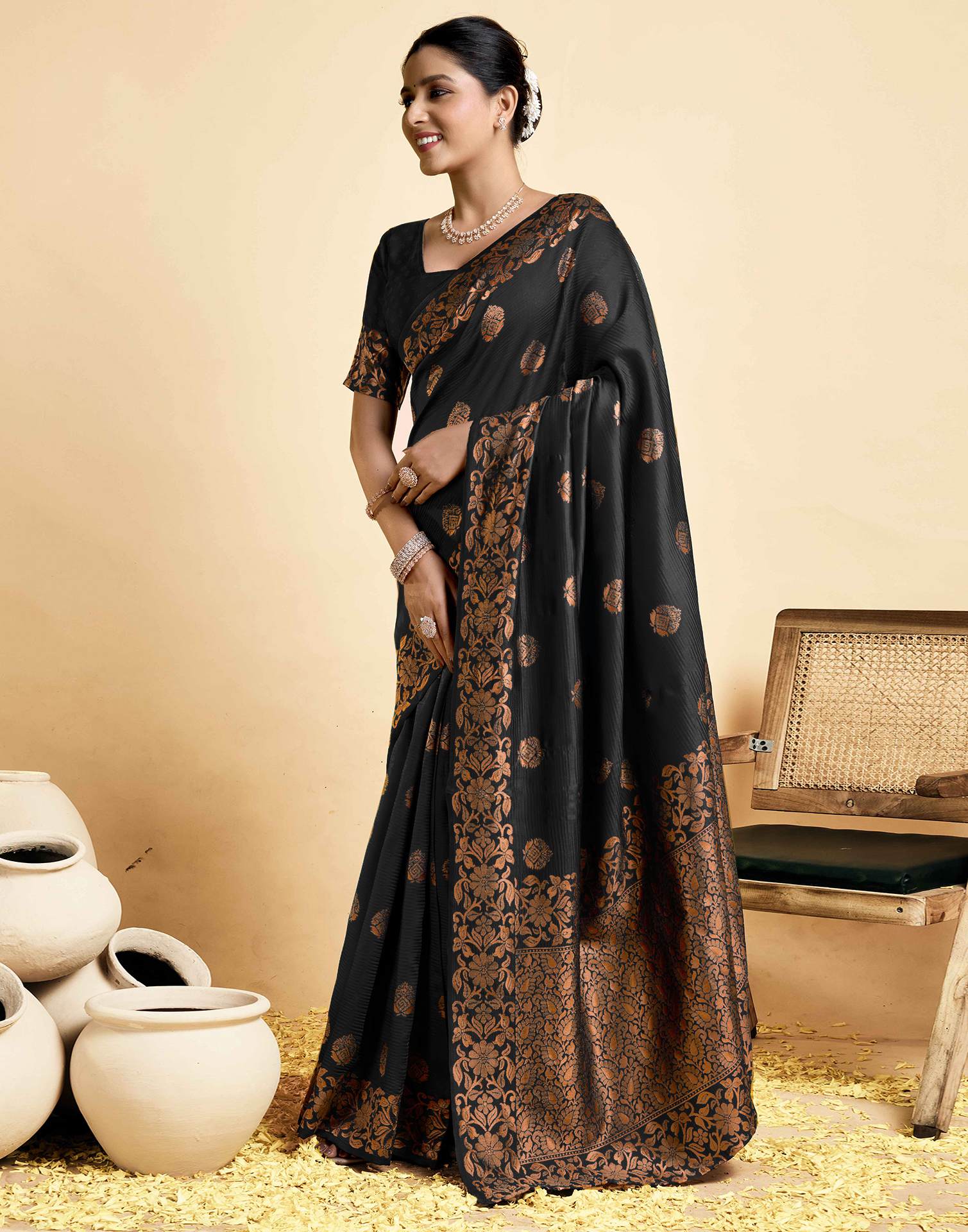 Black Floral Silk Woven Banarasi Saree