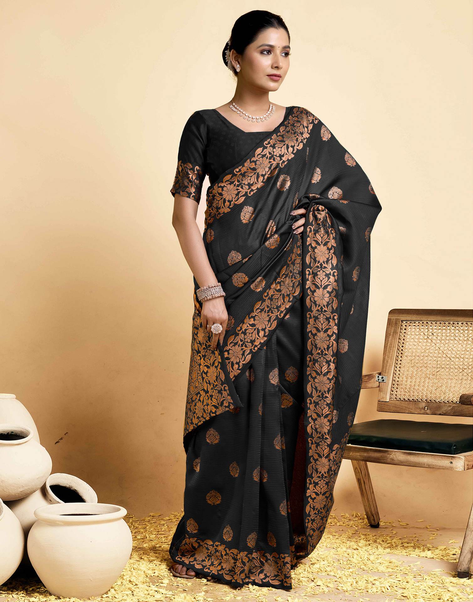 Black Floral Silk Woven Banarasi Saree