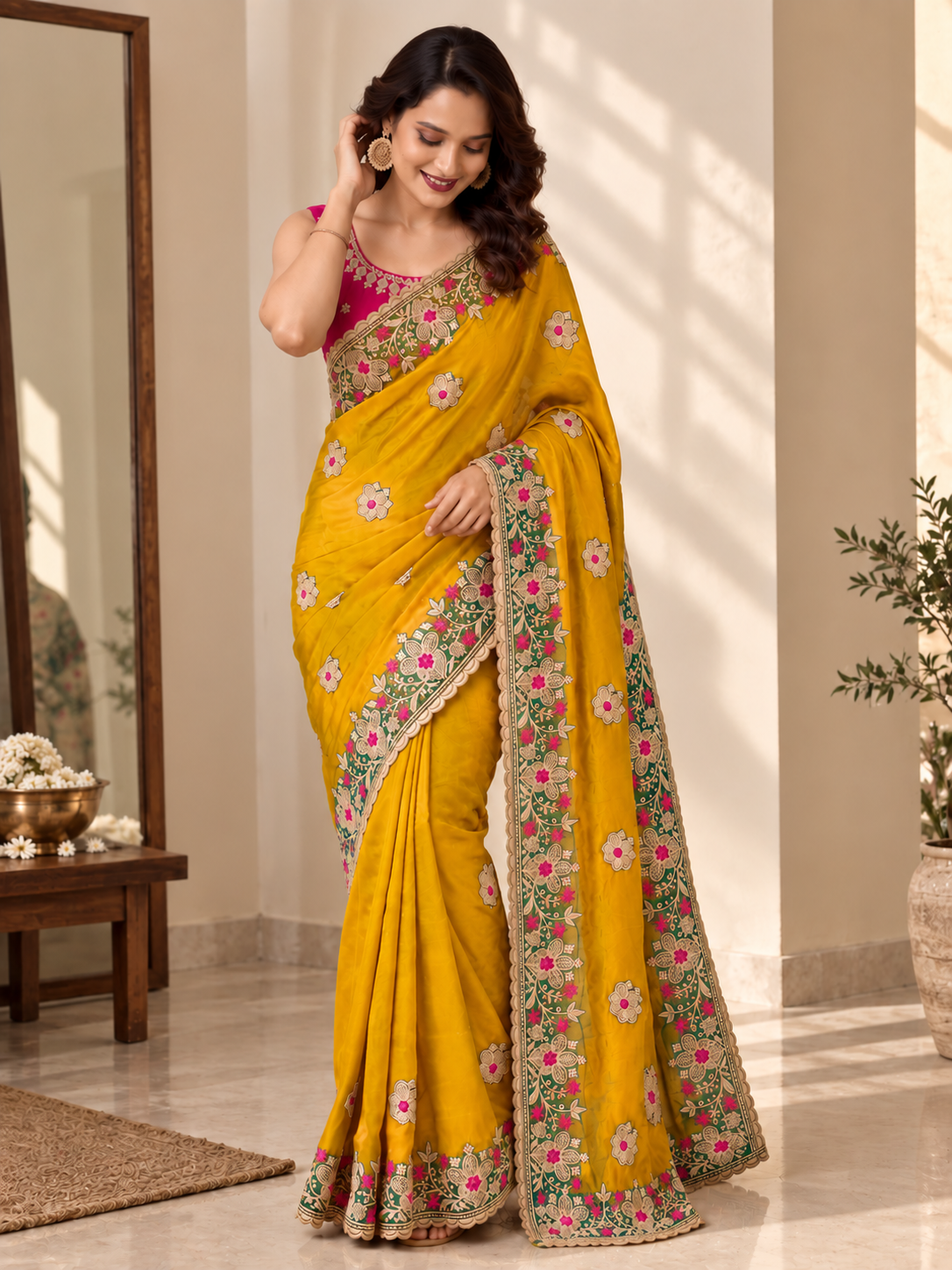 Designer Yellow Saree with Floral Embroidery and Zari Work