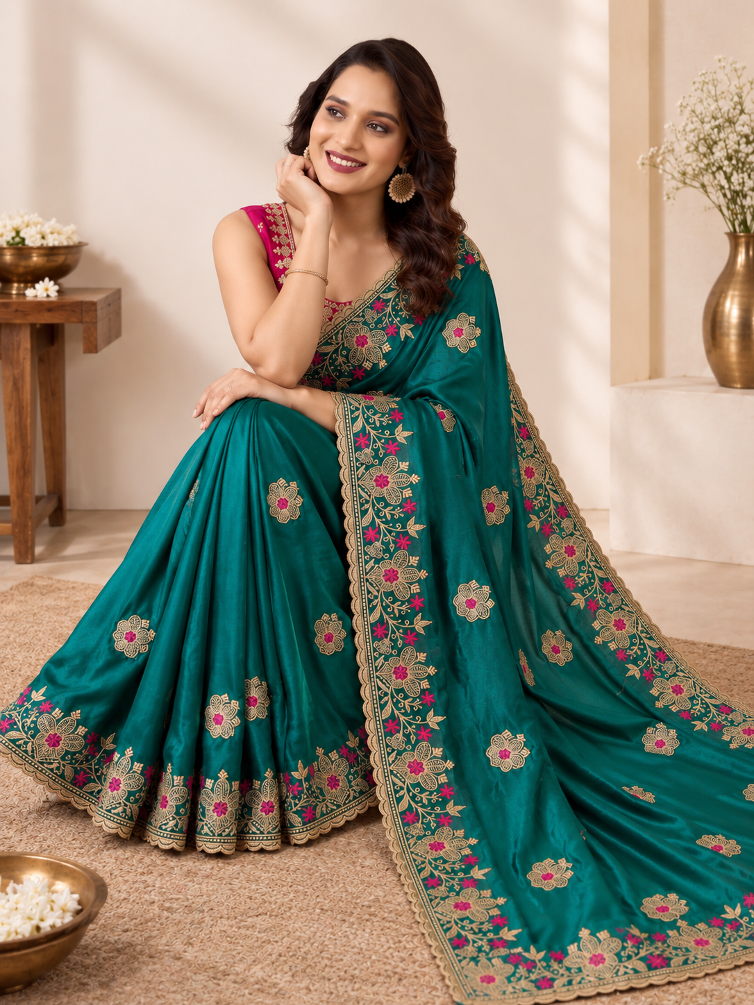 Designer Green Saree with Floral Embroidery and Zari Work