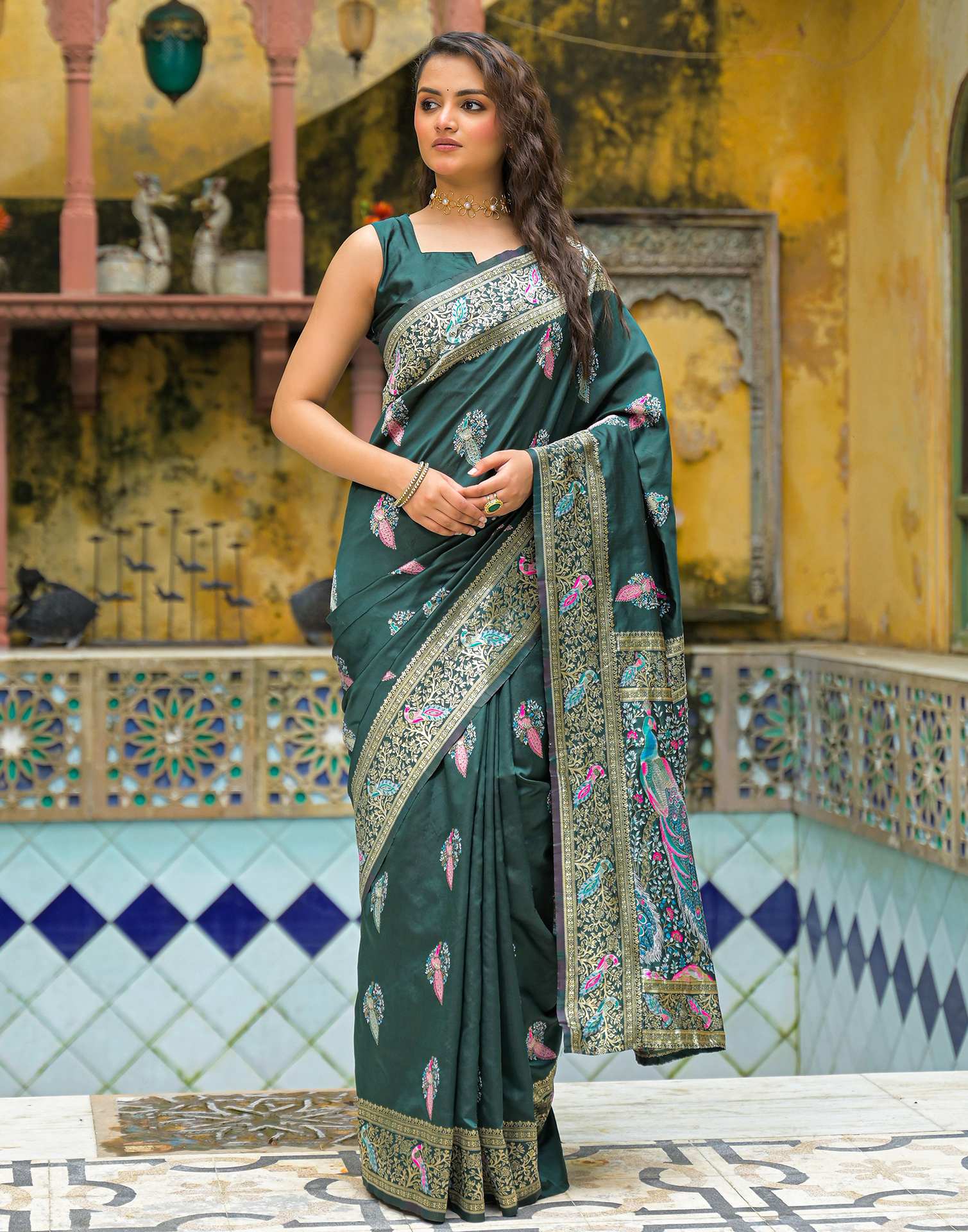 Bottle Green Mor Silk Woven Banarasi Saree
