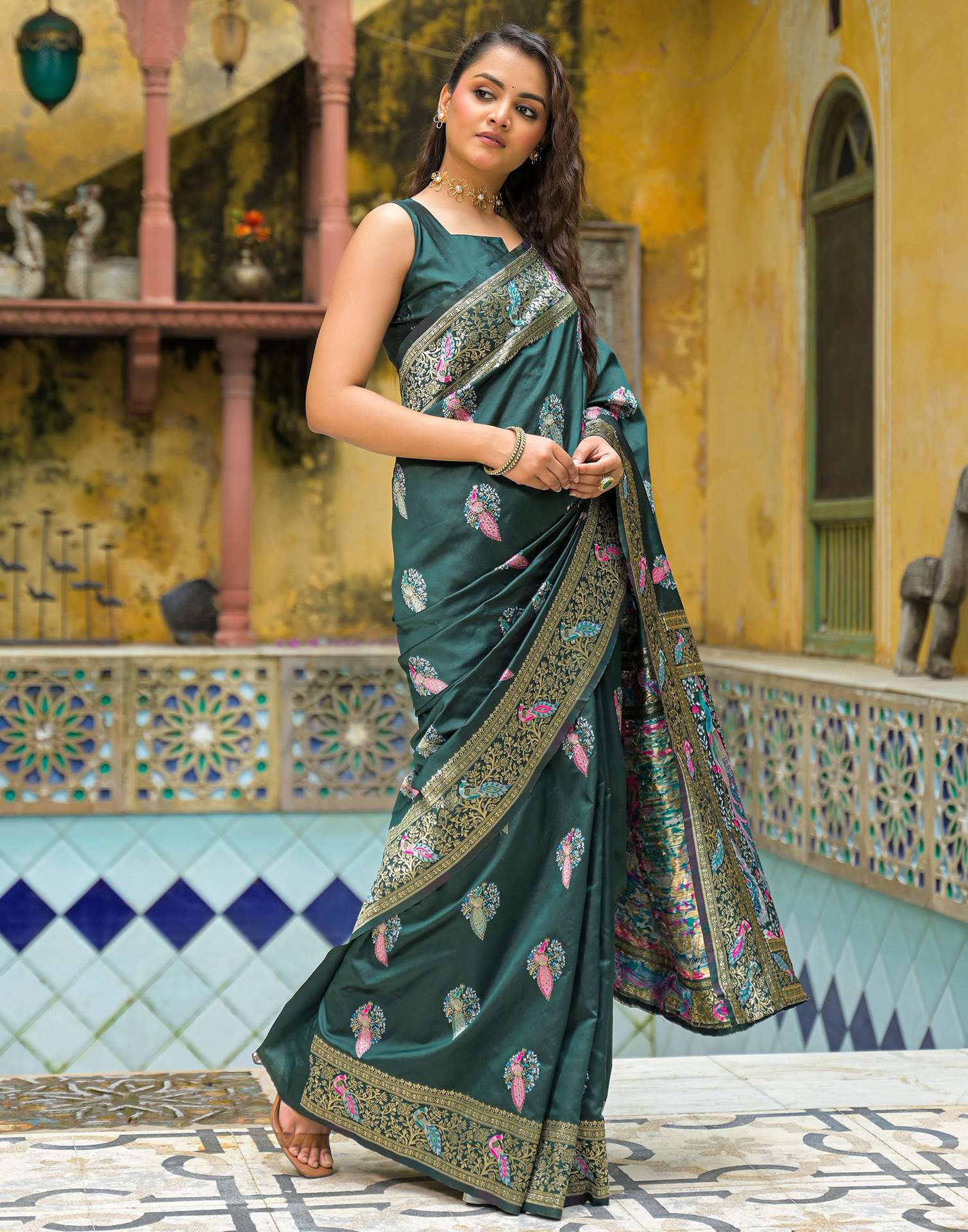 Bottle Green Mor Silk Woven Banarasi Saree