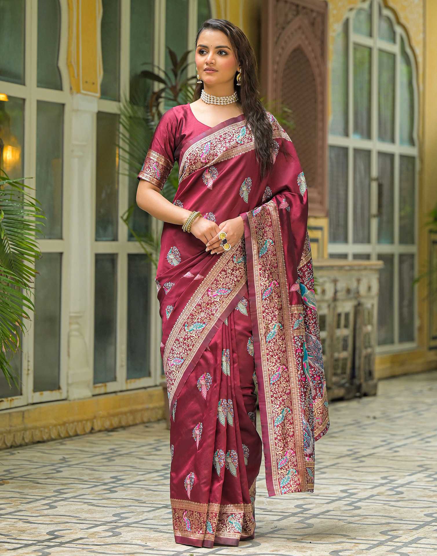 Maroon Mor Silk Woven Banarasi Saree