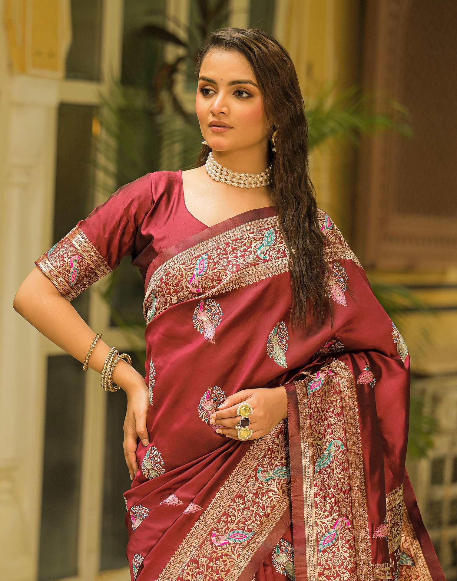 Maroon Mor Silk Woven Banarasi Saree