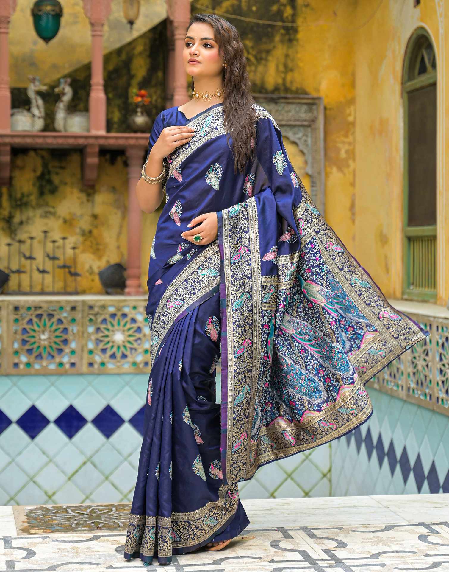 navy Mor Silk Woven Banarasi Saree