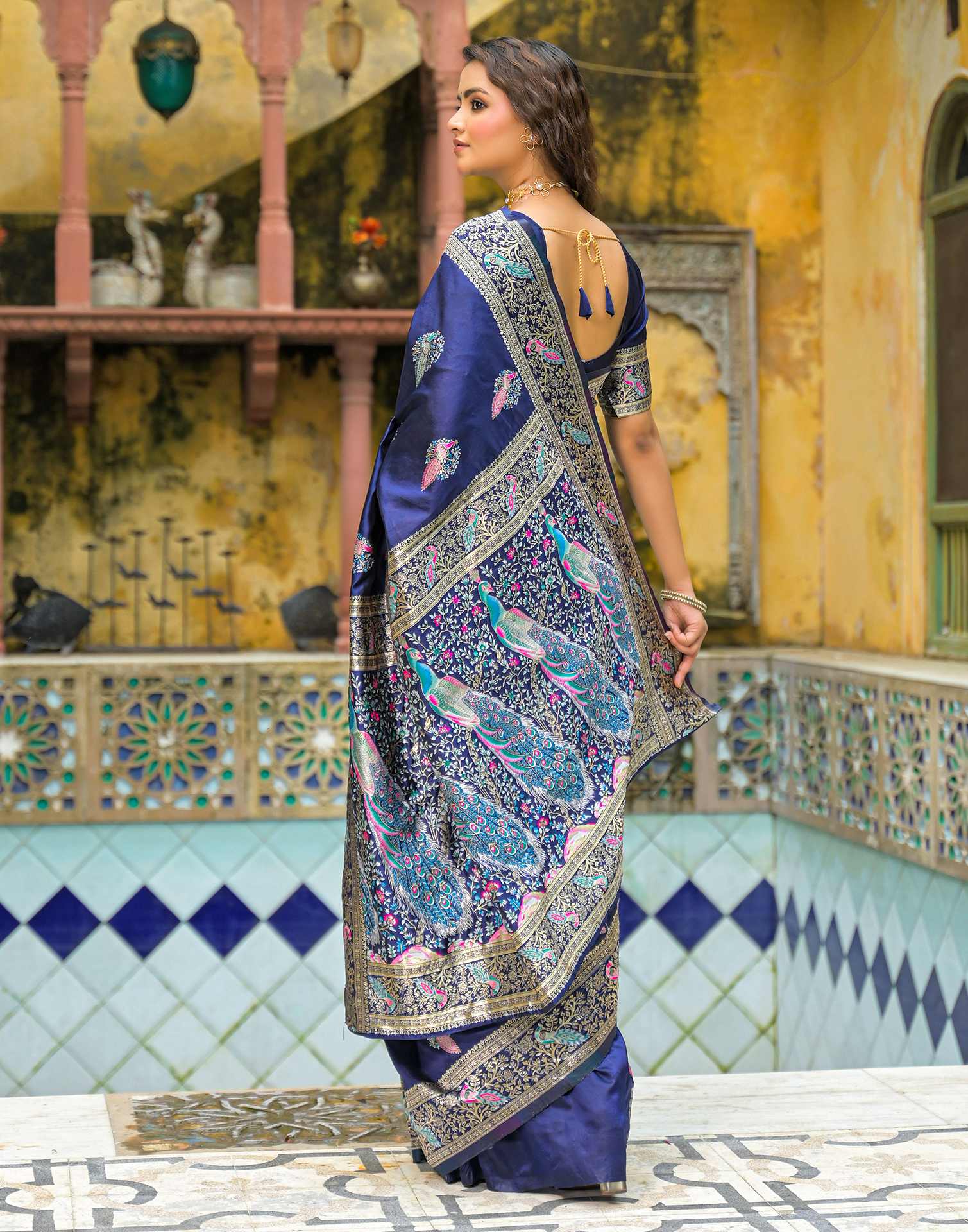 navy Mor Silk Woven Banarasi Saree