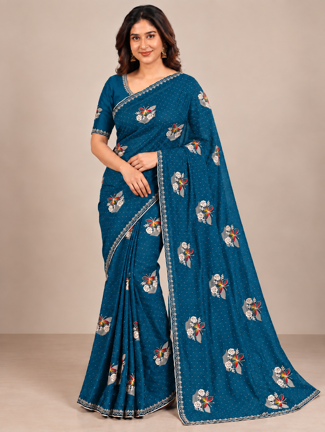 Designer Teal Jimmy Choo Saree with Embroidered Floral Motifs and Stone Lace