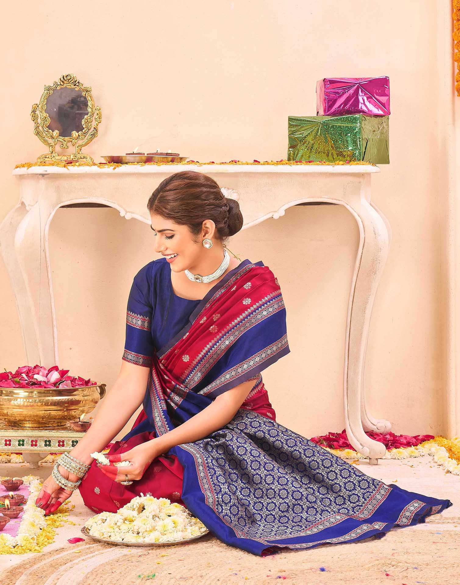 Red Silk Floral dot Woven Banarasi Saree