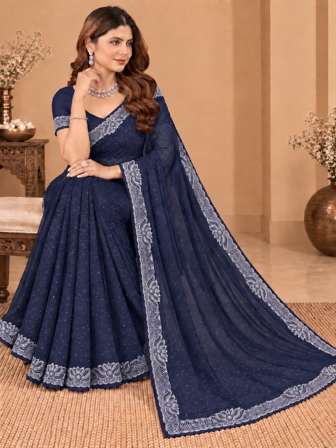 Women's Navy Blue Stone Work Saree with Floral Lace Border