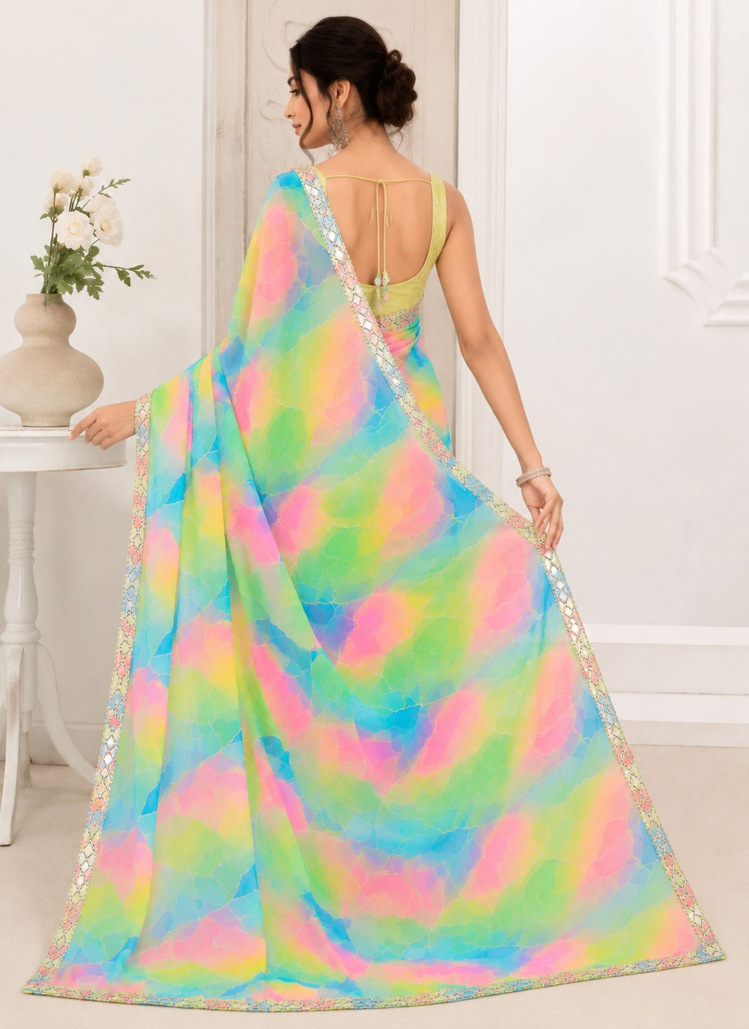 Pastel Multicolor Abstract Printed Saree with Designer Lace Border