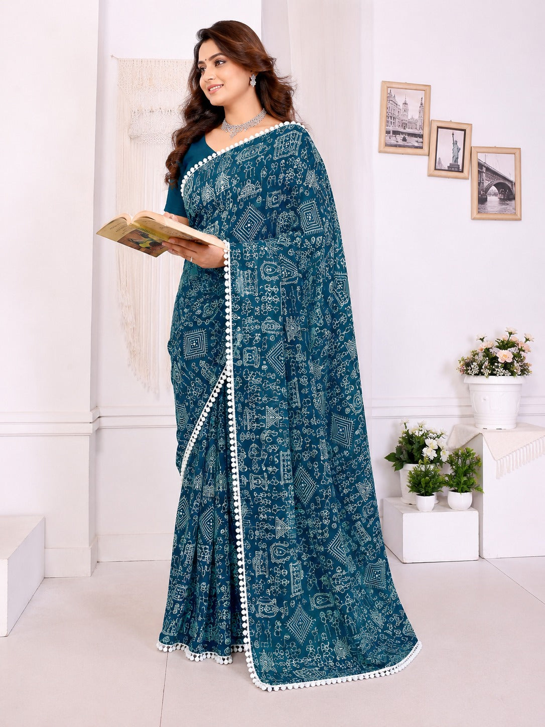 Teal Tribal Print Saree with White Pom-Pom Lace Border