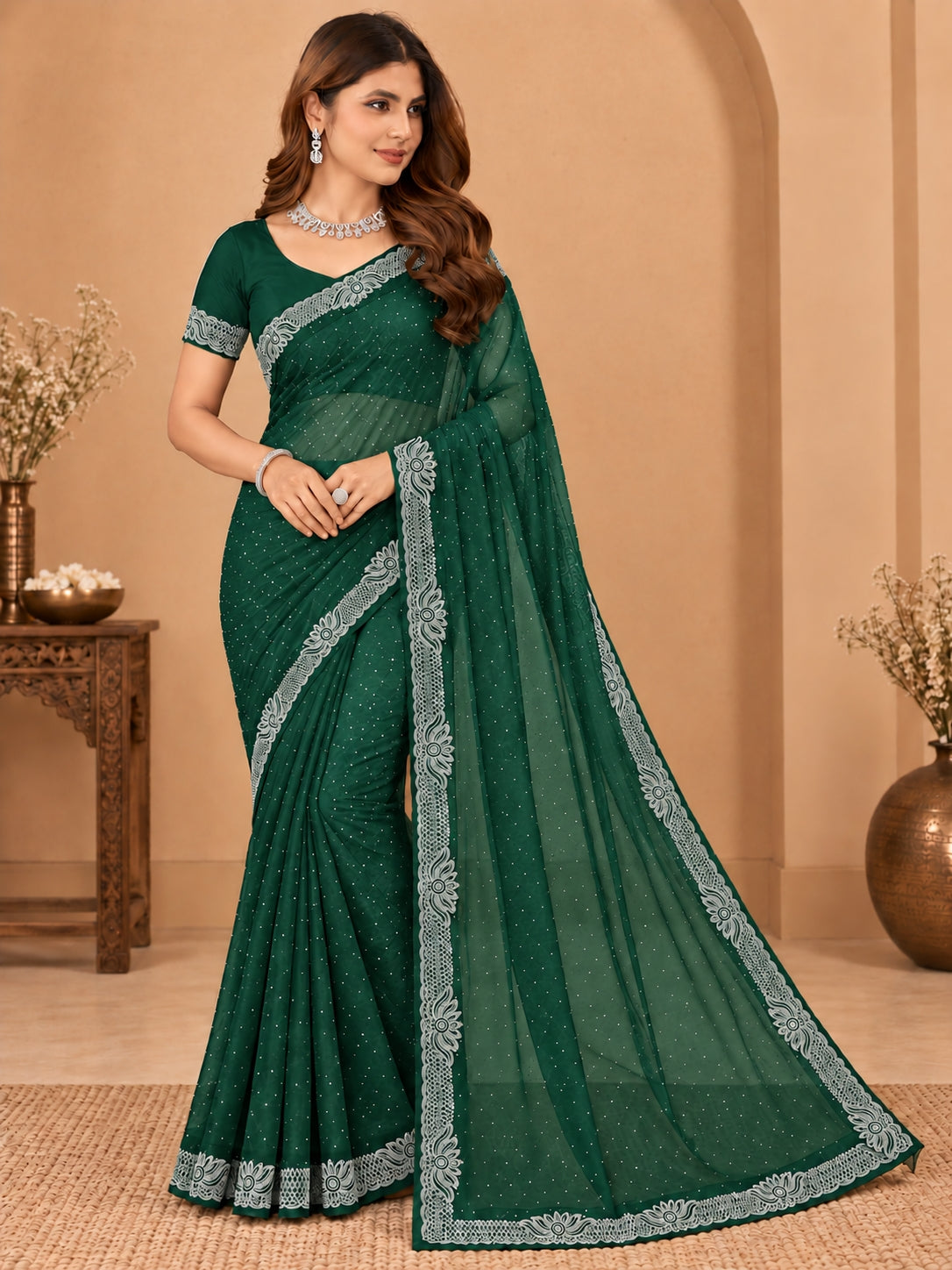 Women's Green Stone Work Saree with Floral Lace Border
