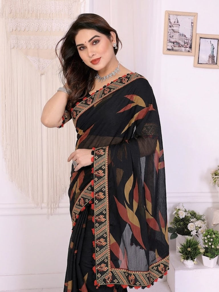 Black Floral Printed Saree with Ethnic Border Design