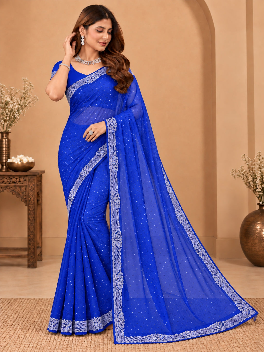 Women's Royal blue Stone Work Saree with Floral Lace Border