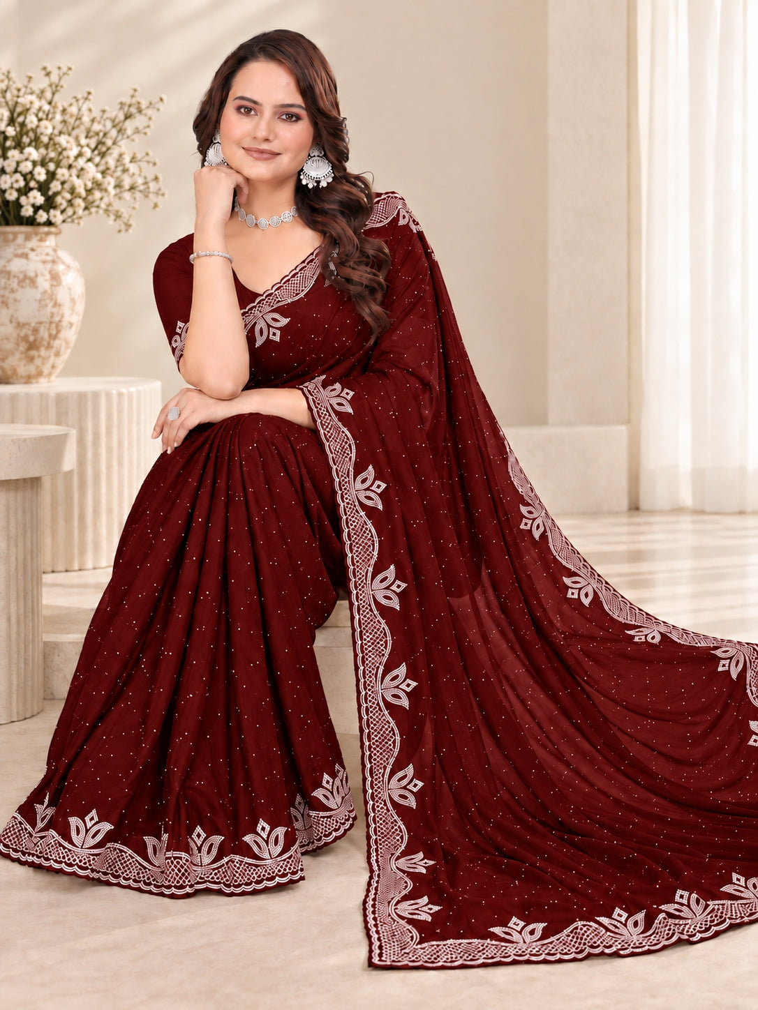 Maroon Stone Work Georgette Saree with Embroidered Lace Border