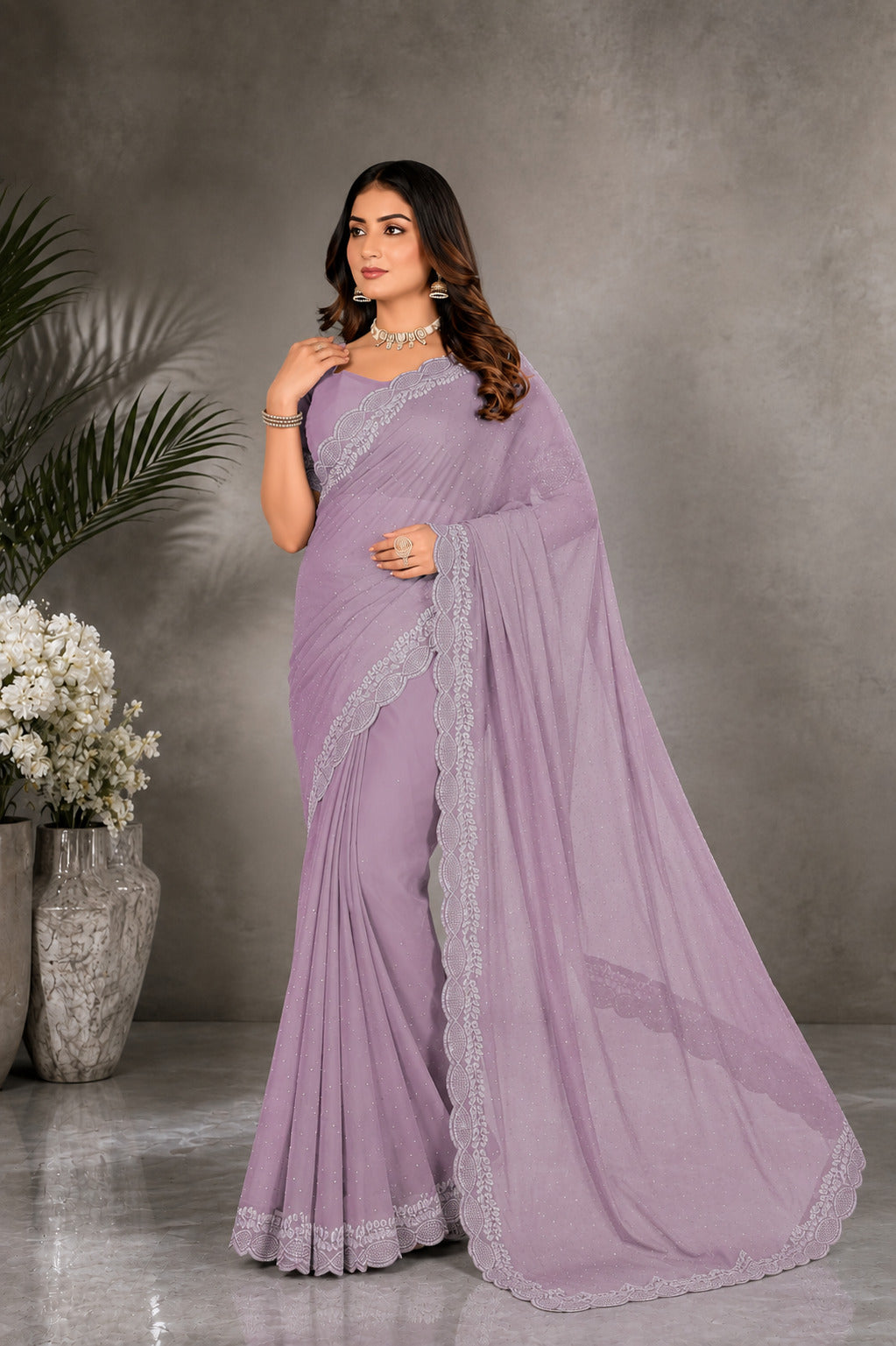 Purple Green Stone Work Georgette Saree with Embroidered Lace Border