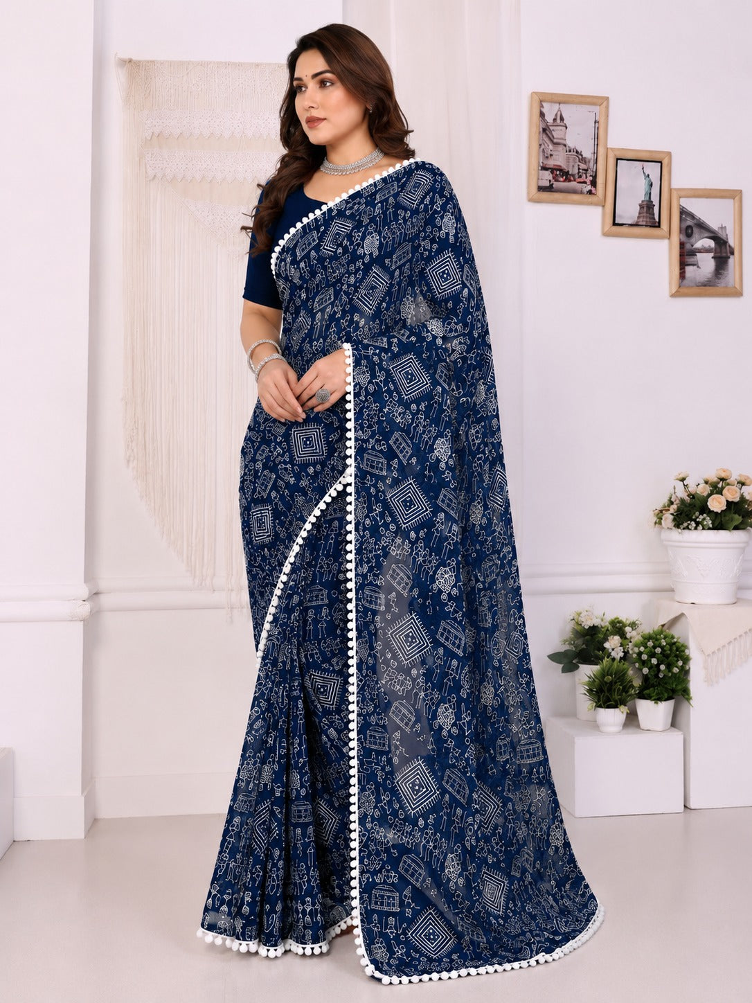 Navy Blue Tribal Print Saree with White Pom-Pom Lace Border