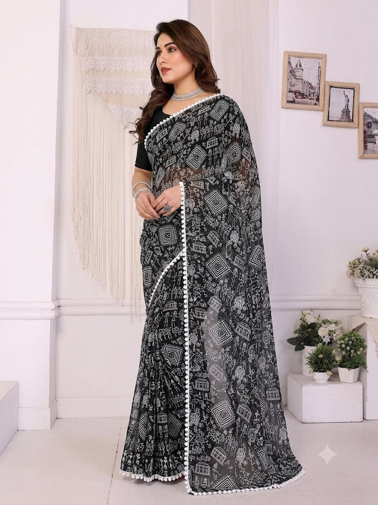 Black Printed Saree with White Pattern & Pom Pom Border