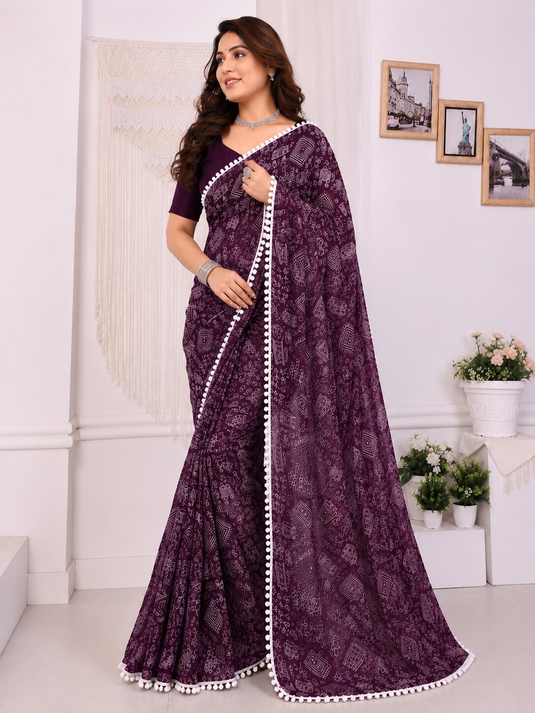 Purple Tribal Print Saree with White Pom-Pom Lace Border