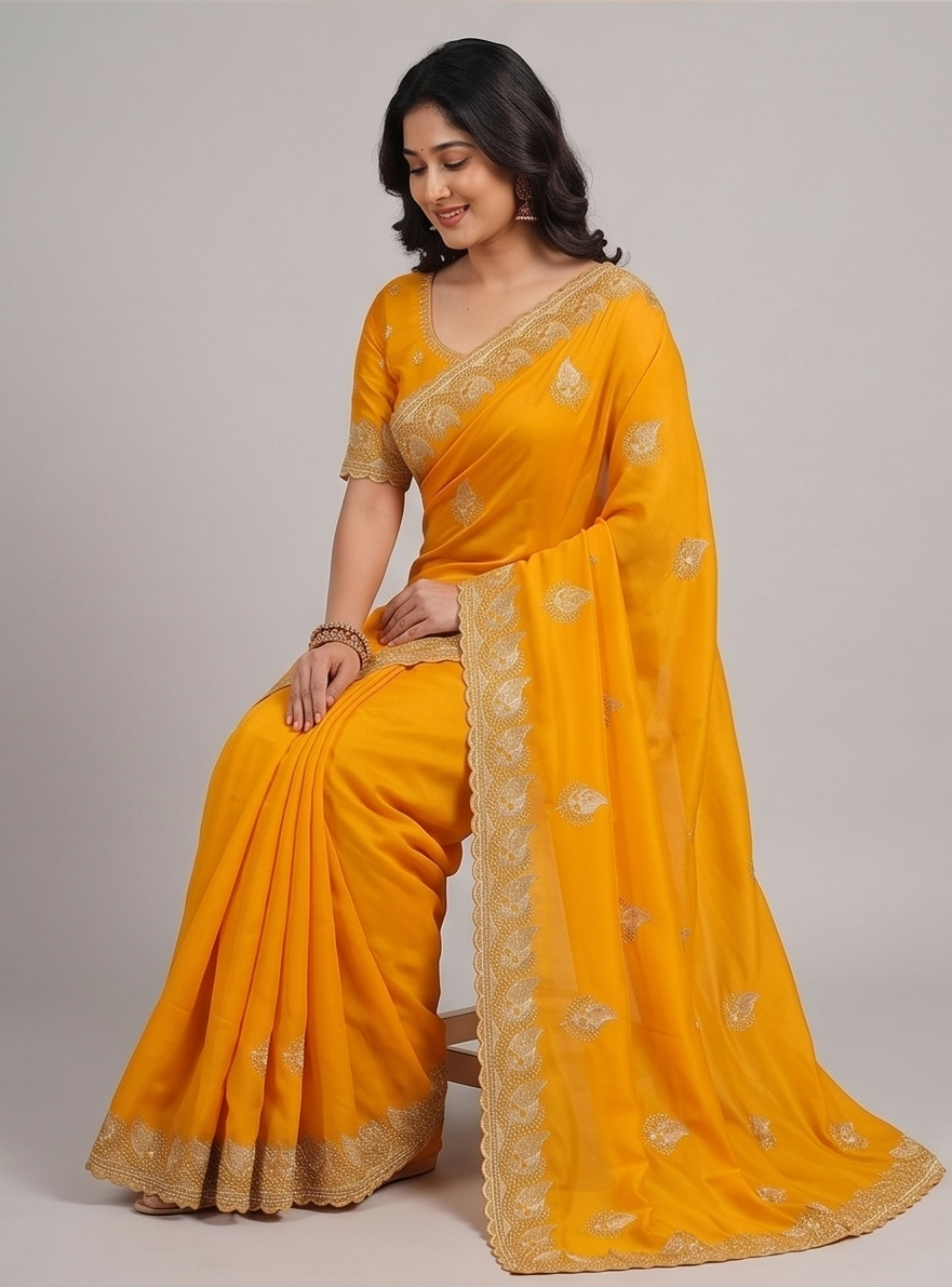 Zegoom Yellow Satin Silk Saree with Gold Paisley Embroidery