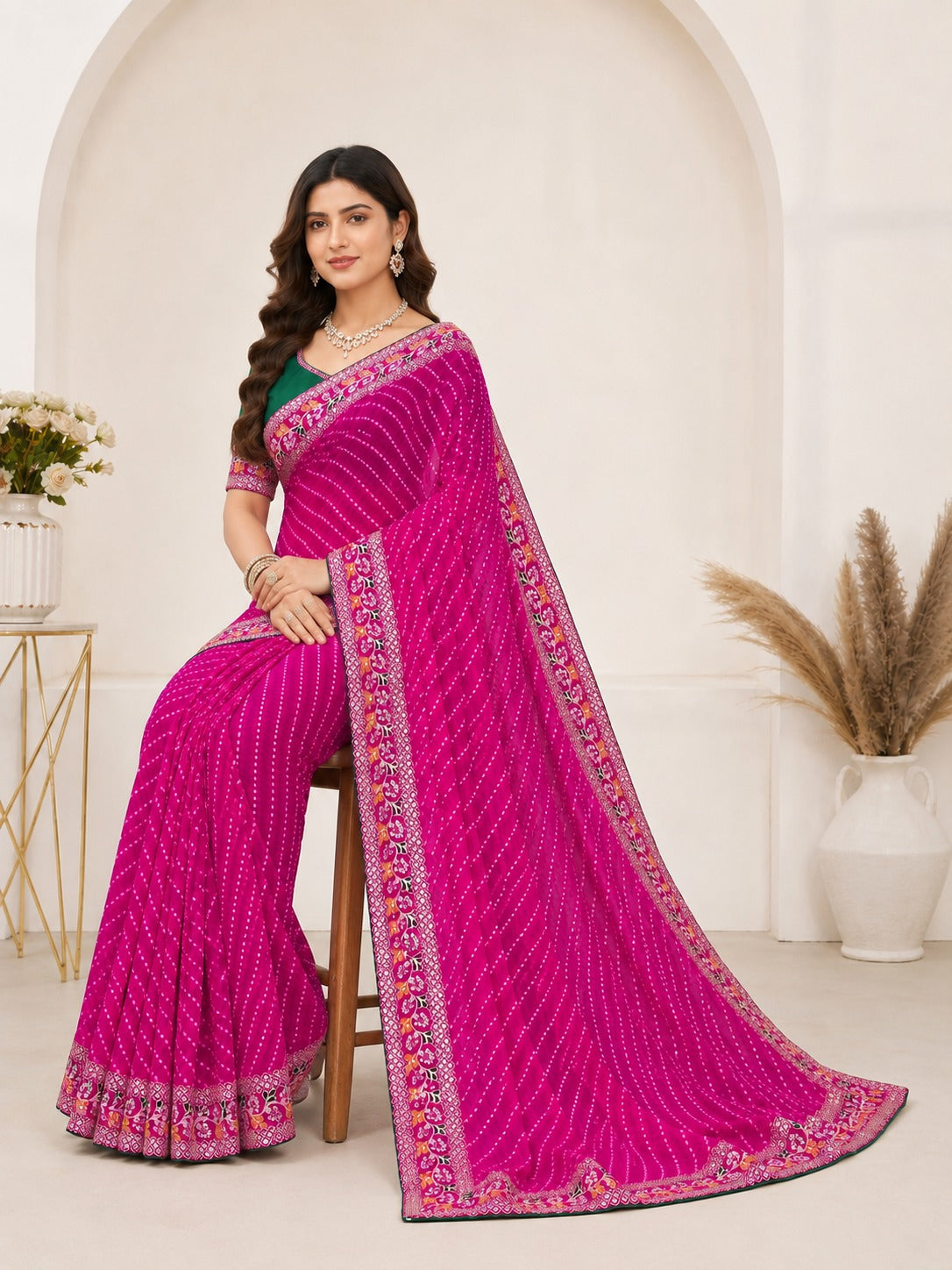Pink Leheriya Printed Saree with Embroidered Lace Border & Green Blouse Piece