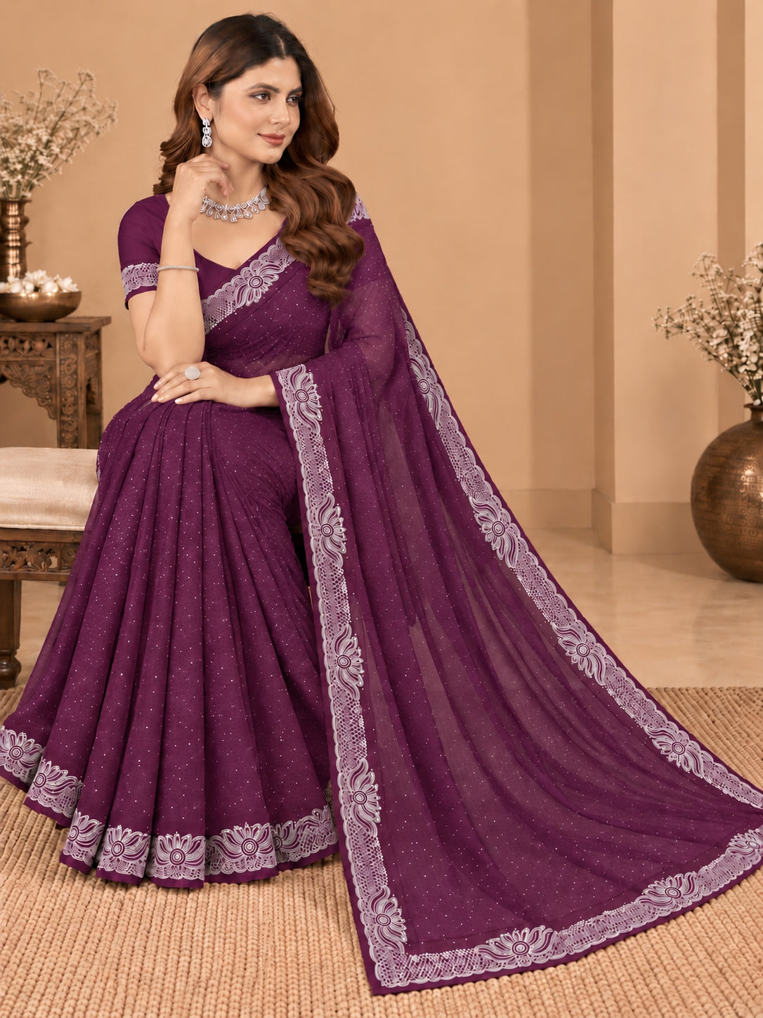 Women's Rich Wine Stone Work Saree with Floral Lace Border