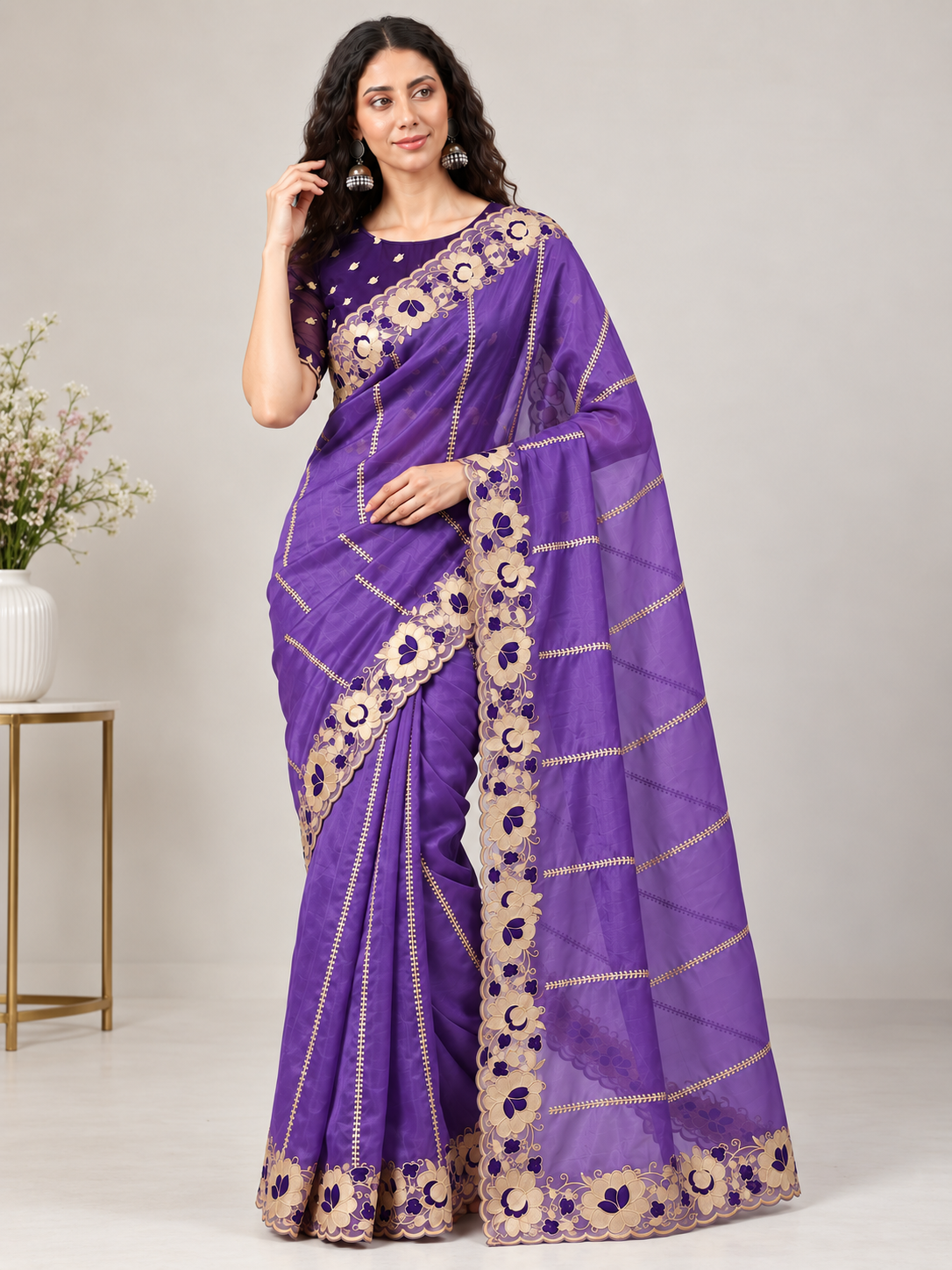 Zegoom Jambali Satin Silk Saree with Floral Embroidery & Scalloped Border