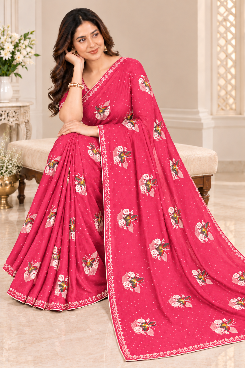 Pink Jimmy Choo Saree with Multicolor Floral Embroidery & Stone Work Lace Border