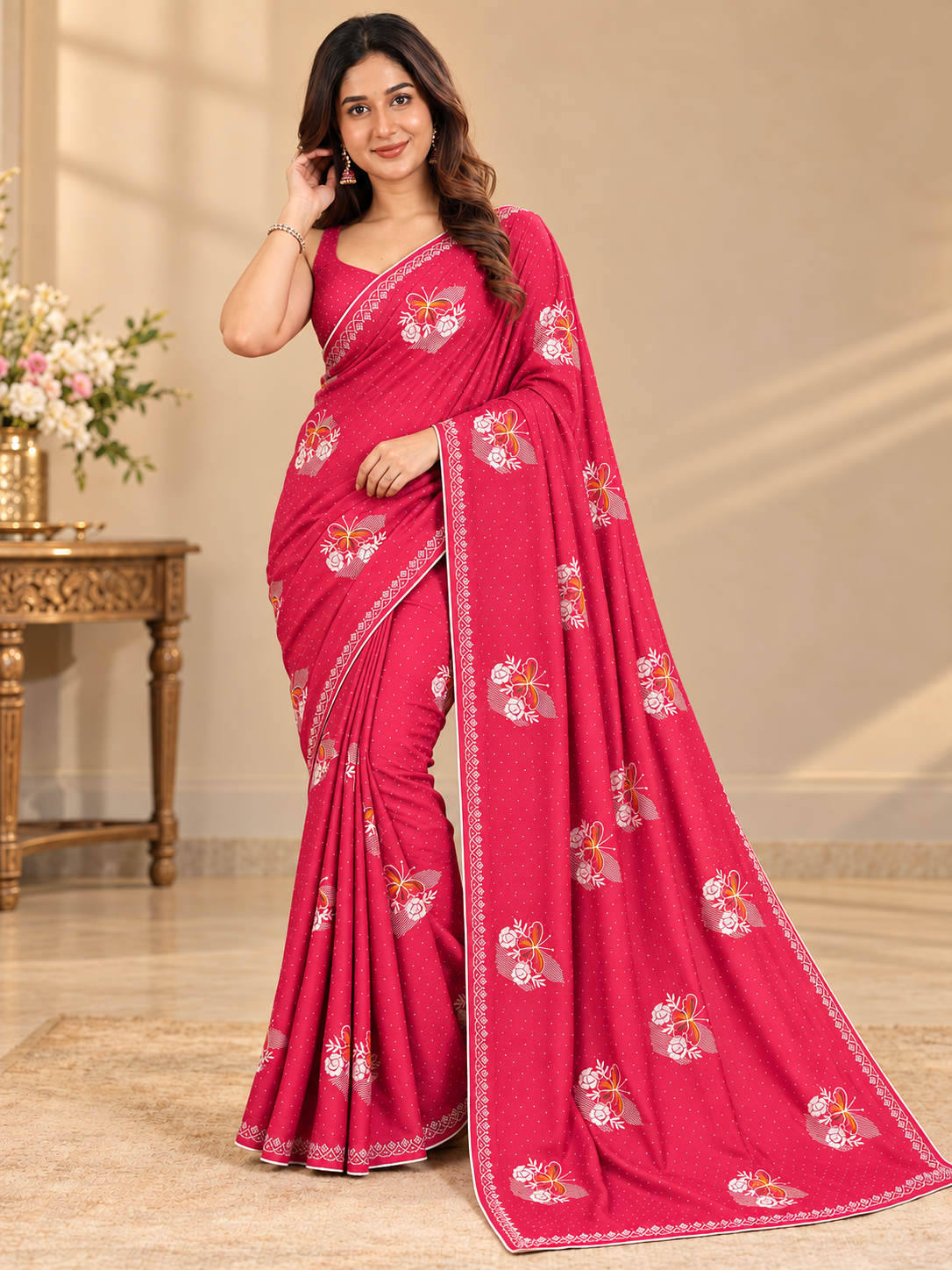 Pink Jimmy Choo Saree with Multicolor Floral Embroidery & Stone Work Lace Border