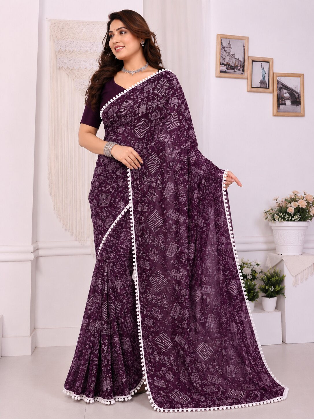 Purple Tribal Print Saree with White Pom-Pom Lace Border
