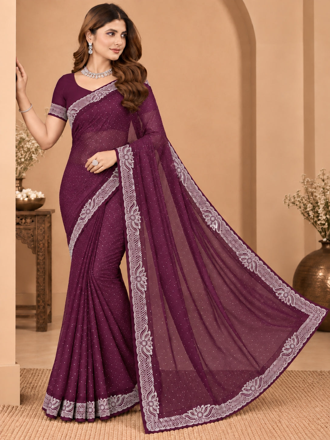 Women's Rich Wine Stone Work Saree with Floral Lace Border