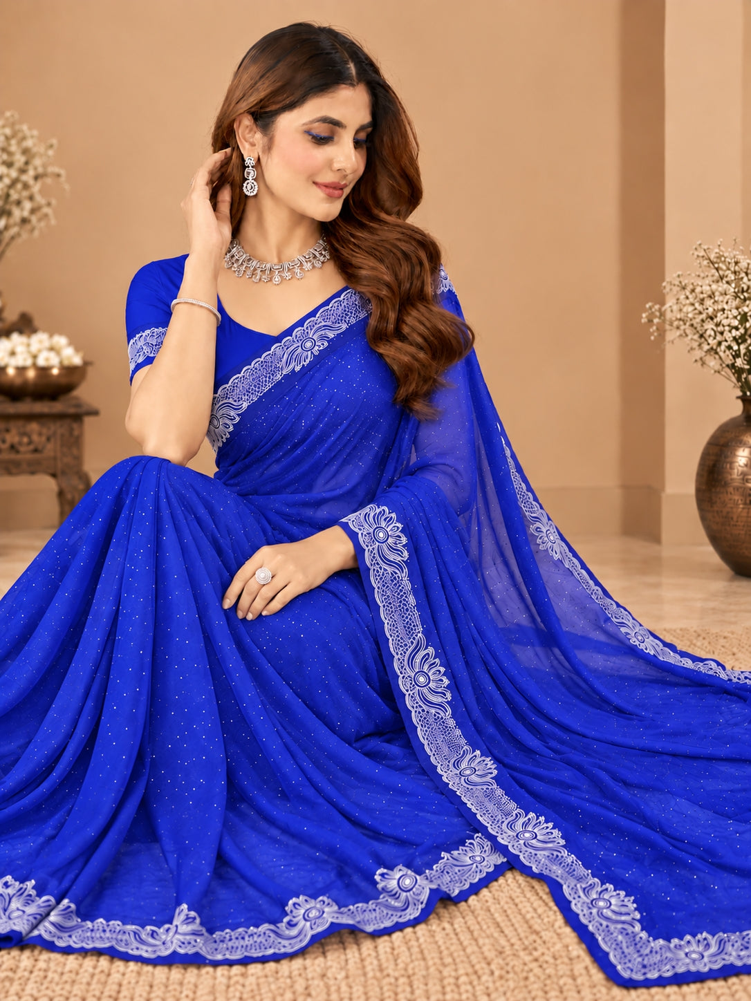 Women's Royal blue Stone Work Saree with Floral Lace Border
