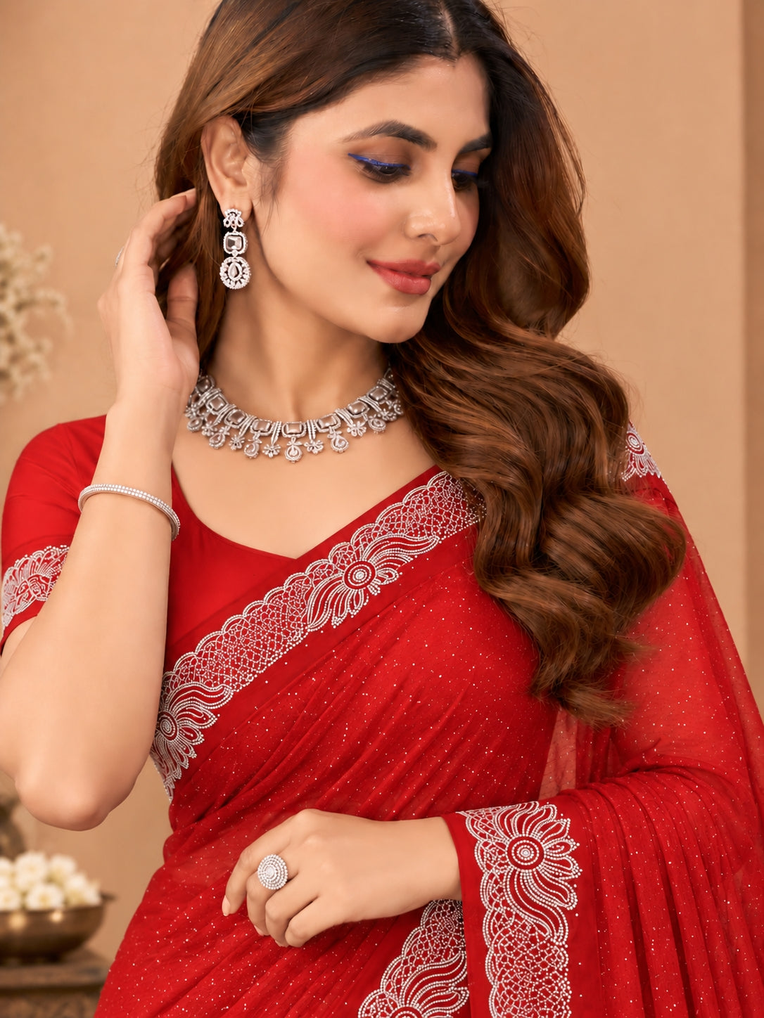 Women's Red Stone Work Saree with Floral Lace Border