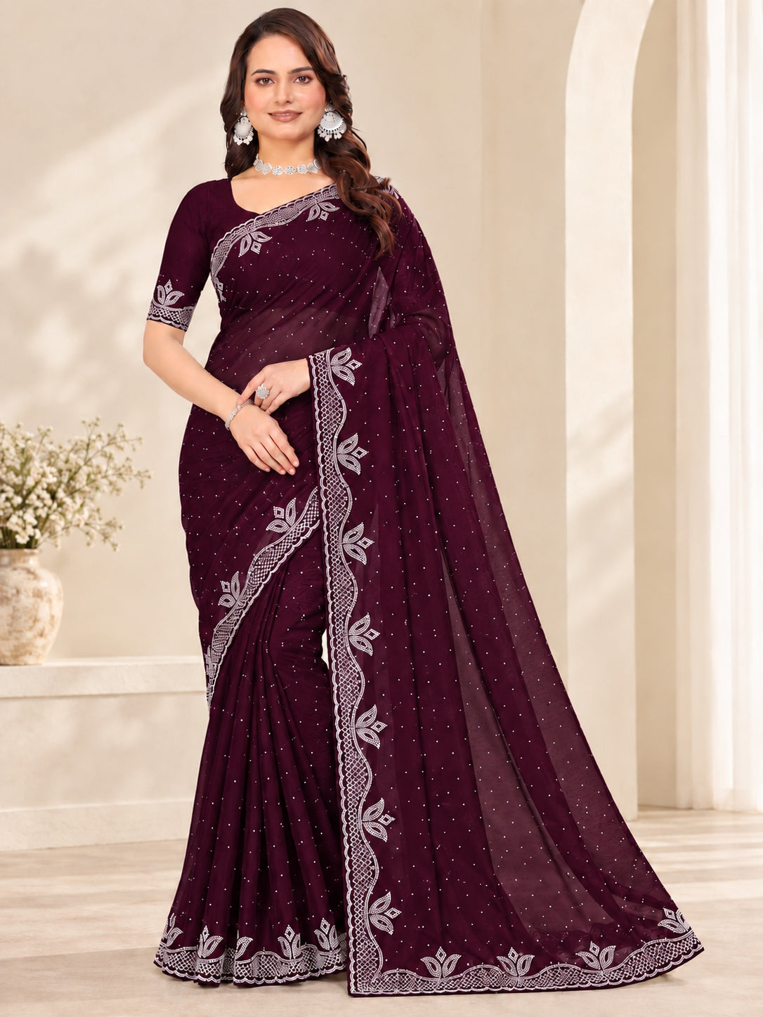 Purple Stone Work Georgette Saree with Embroidered Lace Border