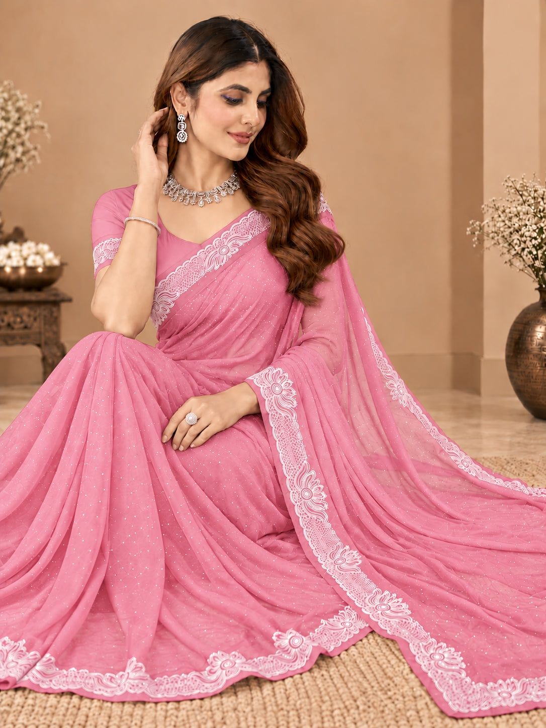 Women's Baby Pink Stone Work Saree with Floral Lace Border