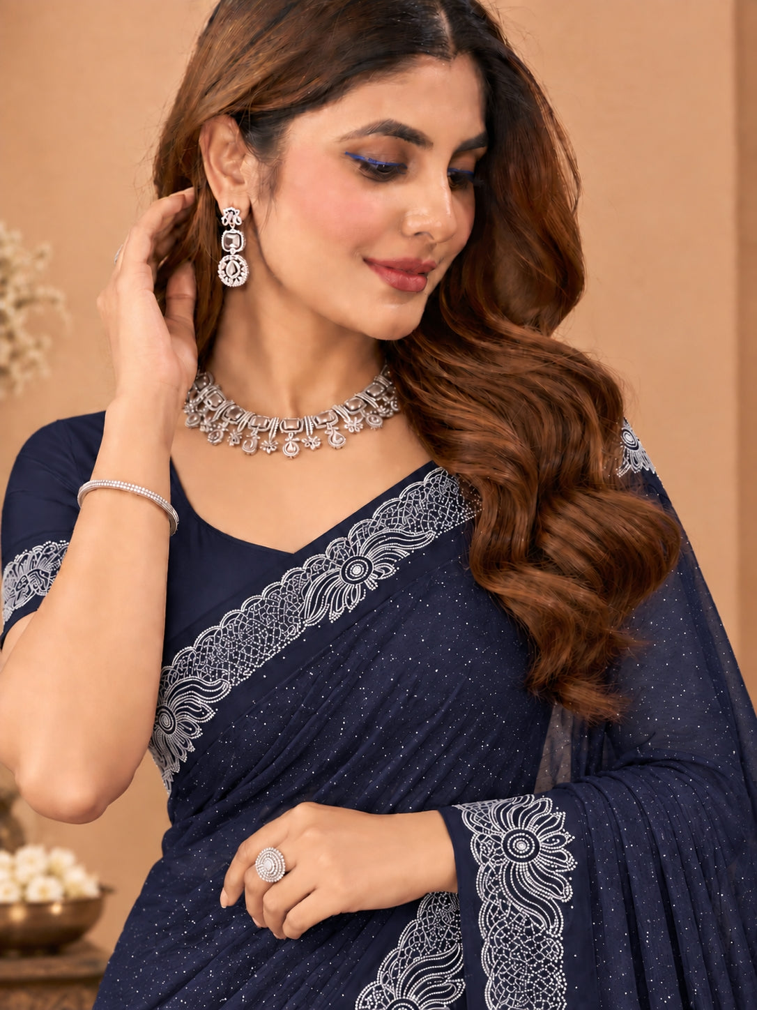 Women's Navy Blue Stone Work Saree with Floral Lace Border