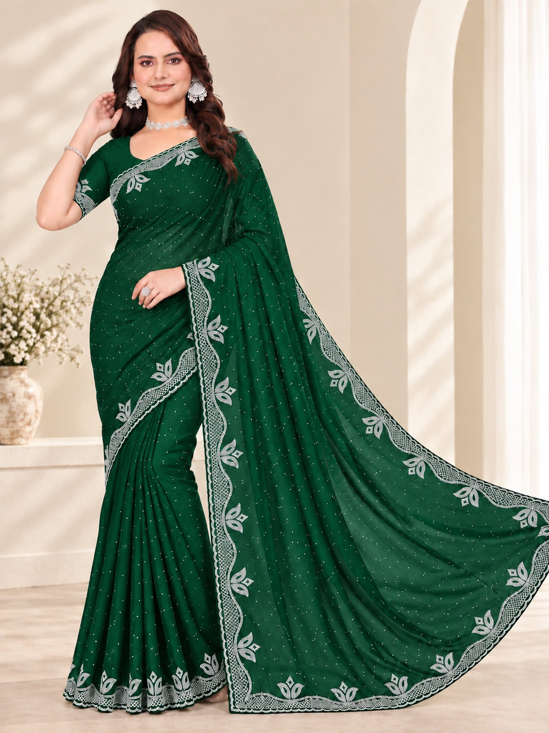 Green Stone Work Georgette Saree with Embroidered Lace Border