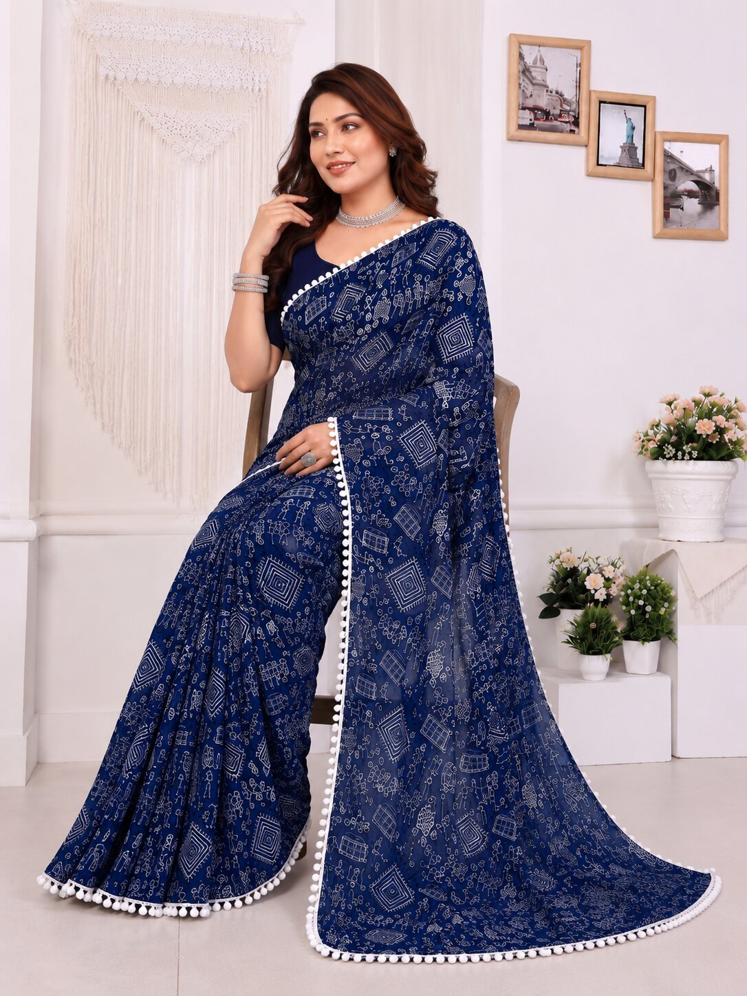 Navy Blue Tribal Print Saree with White Pom-Pom Lace Border