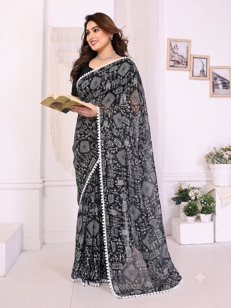 Black Printed Saree with White Pattern & Pom Pom Border