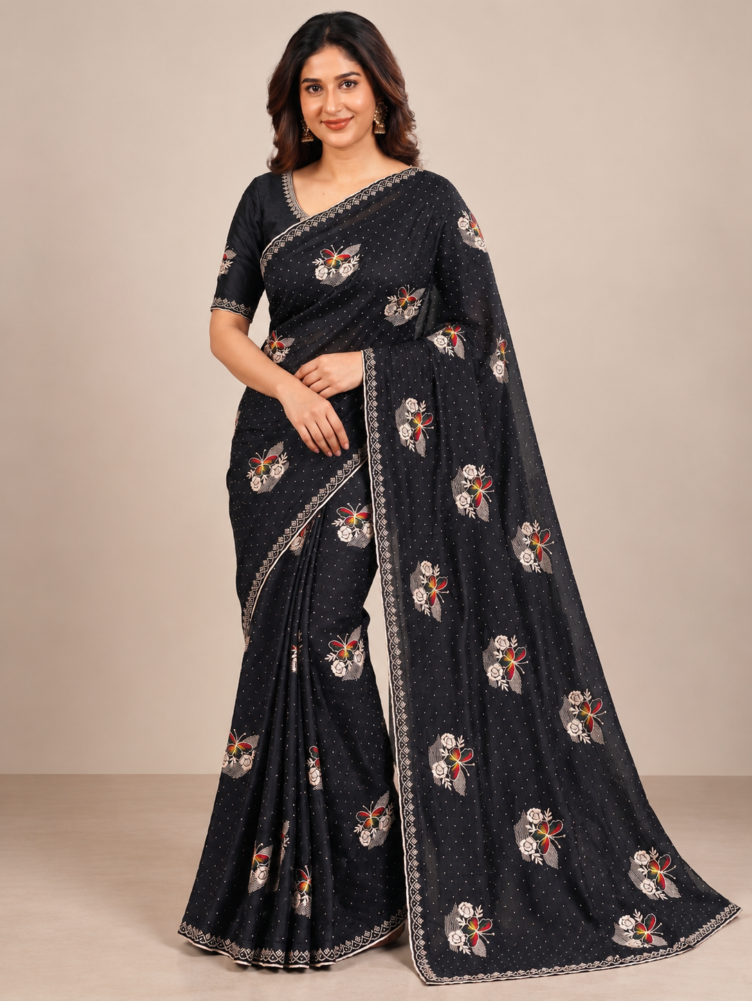 Designer Black Jimmy Choo Saree with Embroidered Floral Motifs and Stone Lace