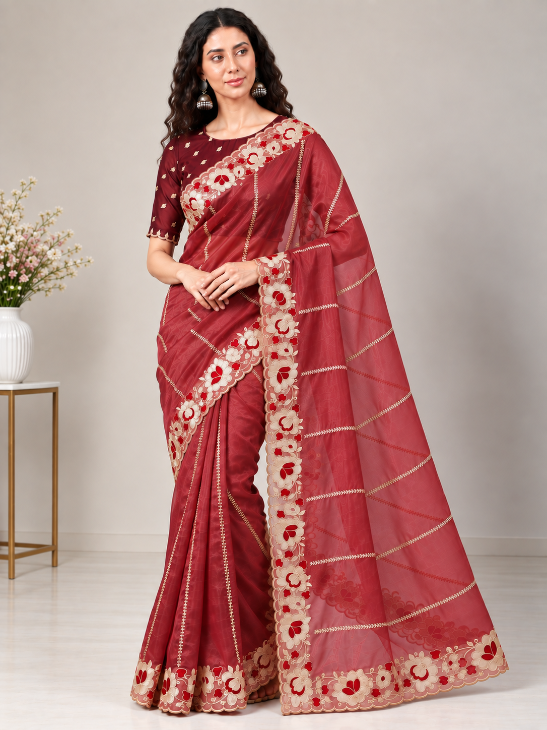 Zegoom Red Satin Silk Saree with Floral Embroidery & Scalloped Border